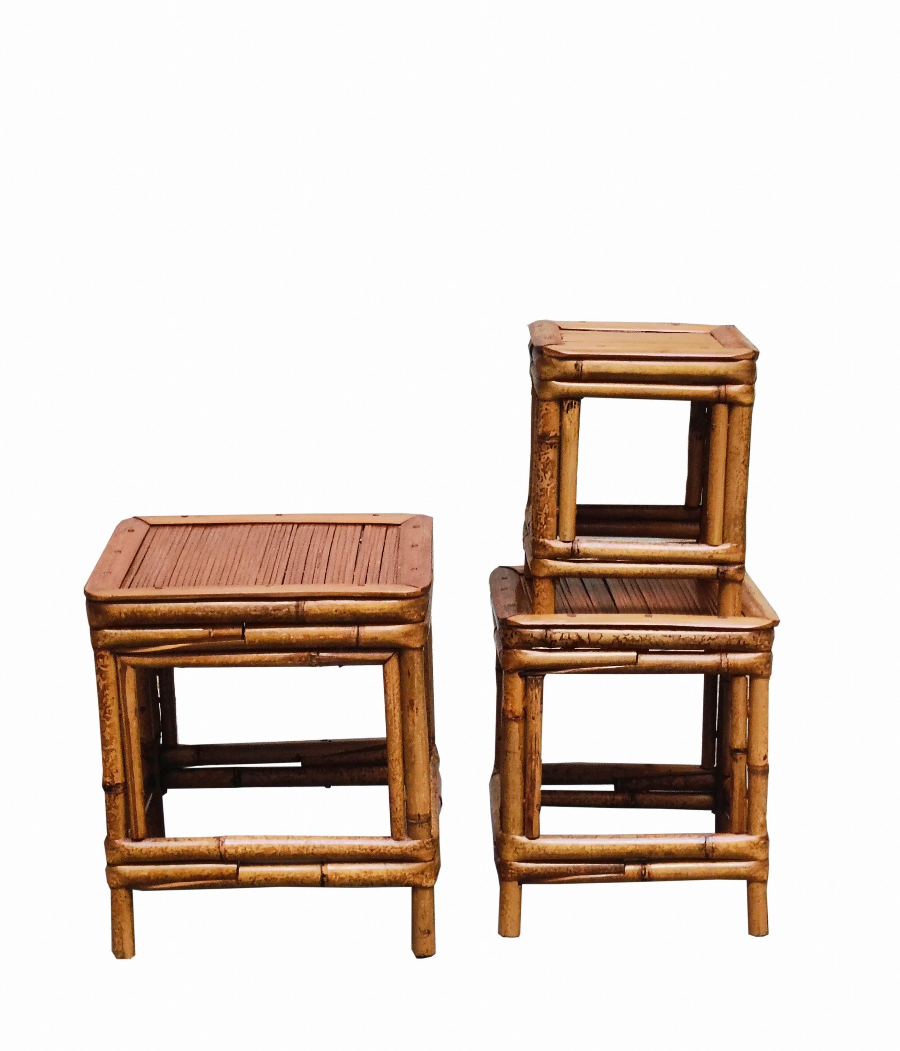 Italian Group of Three Small Tables in Rattan and Midollino, Italy 1960s For Sale