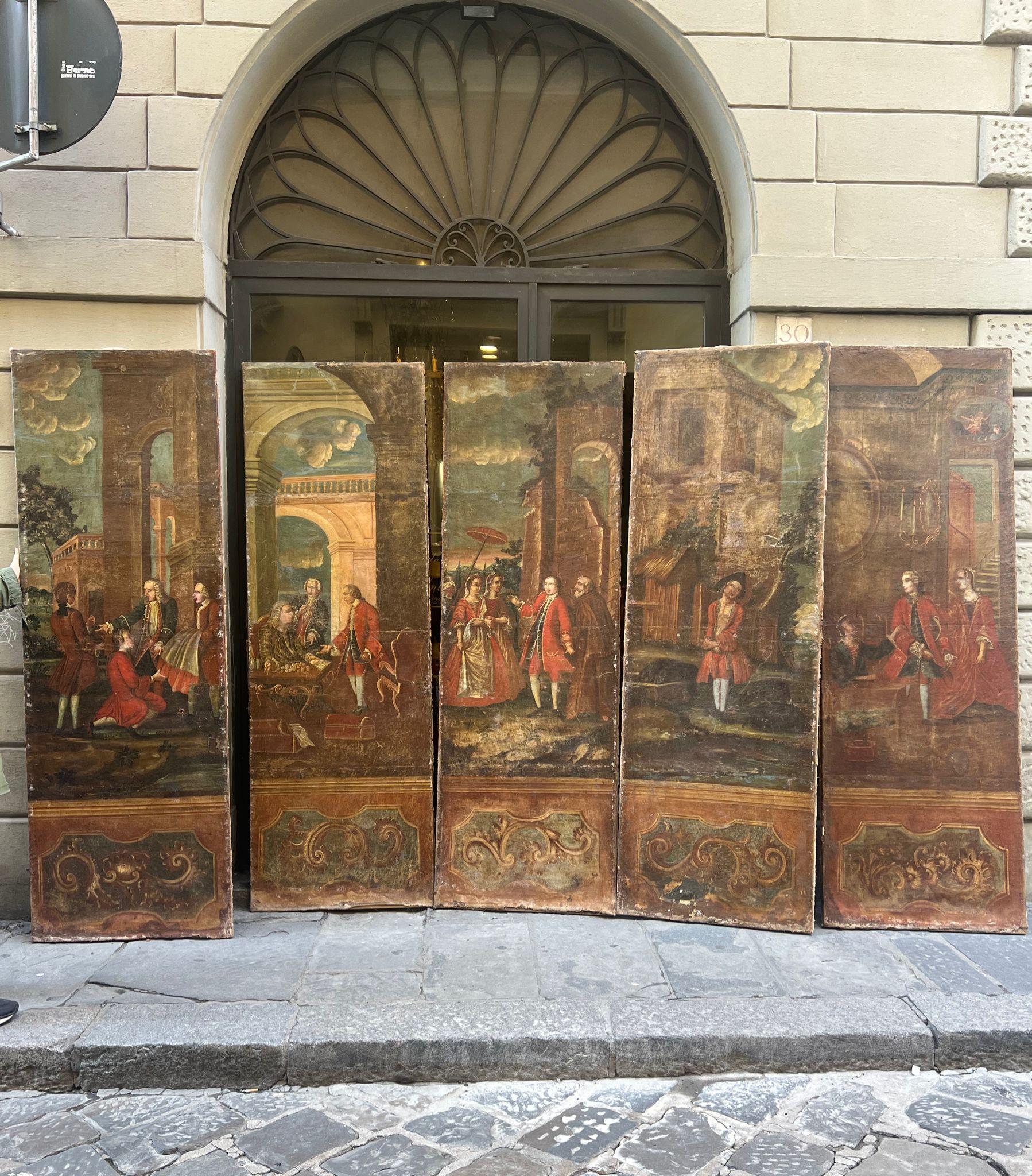 Beautiful group of five panels painted in oil on canvas, Veneto, 18th century. 

This series of five panels with its paintings depicts scenes of daily life and conveys to us, in an almost photographic way, some moments in the lives of the people