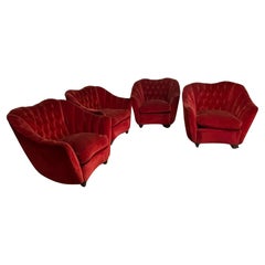Gruppo di poltrone in velluto rosso anni '50