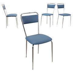Vintage Gruppo di quattro sedie Anni 60, metallo e similpelle, azzurre