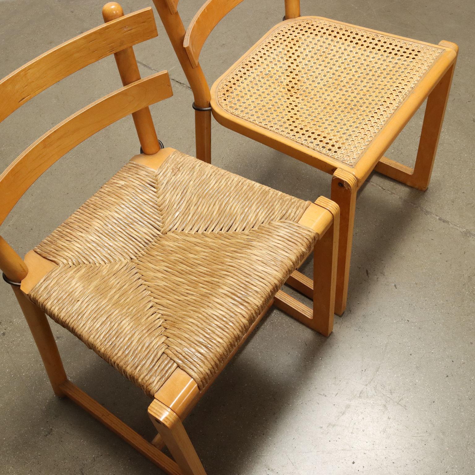 Straw Group of four 1980s Chairs, beech and plywood For Sale