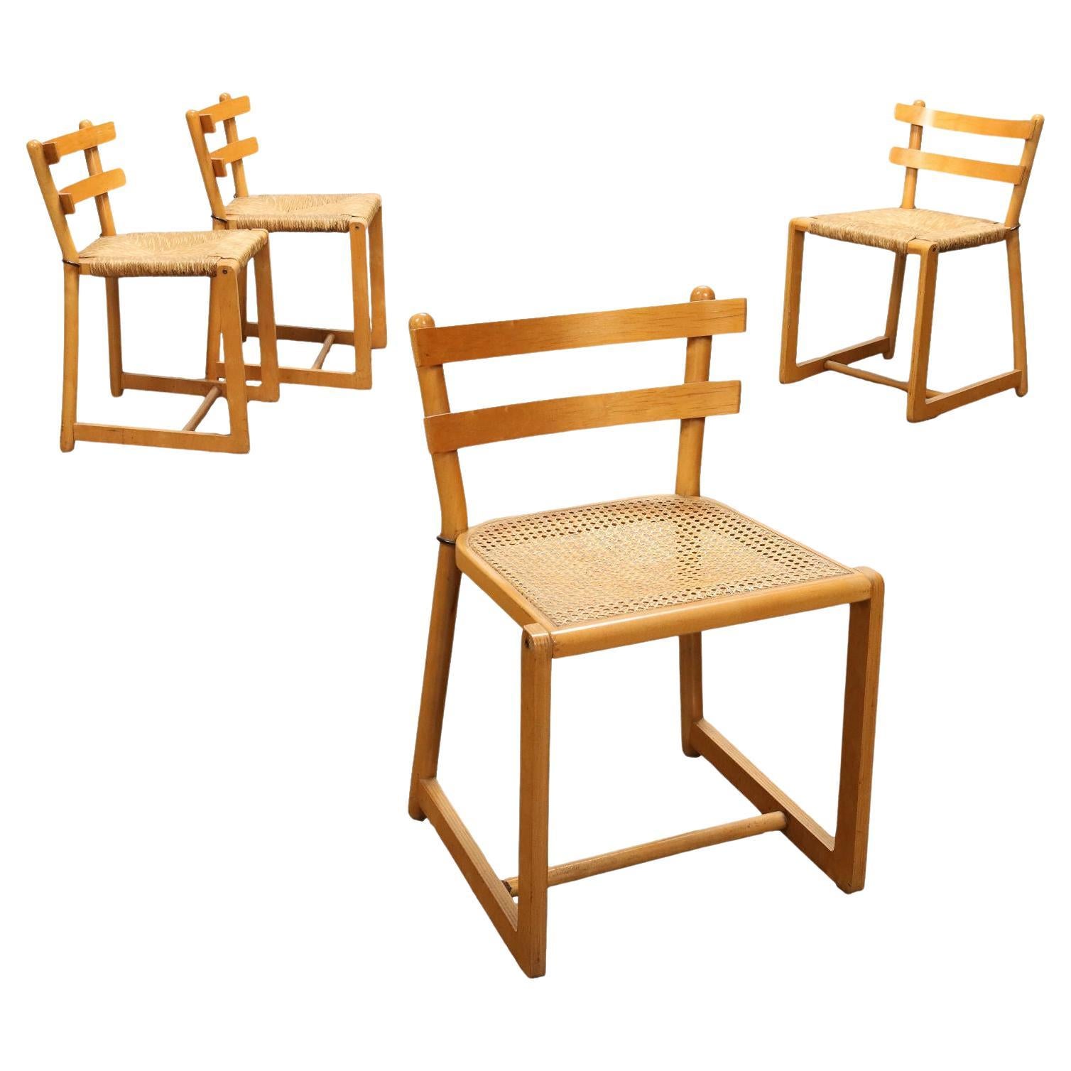 Gruppe von vier Stühlen aus den 1980er Jahren, Buche und Sperrholz