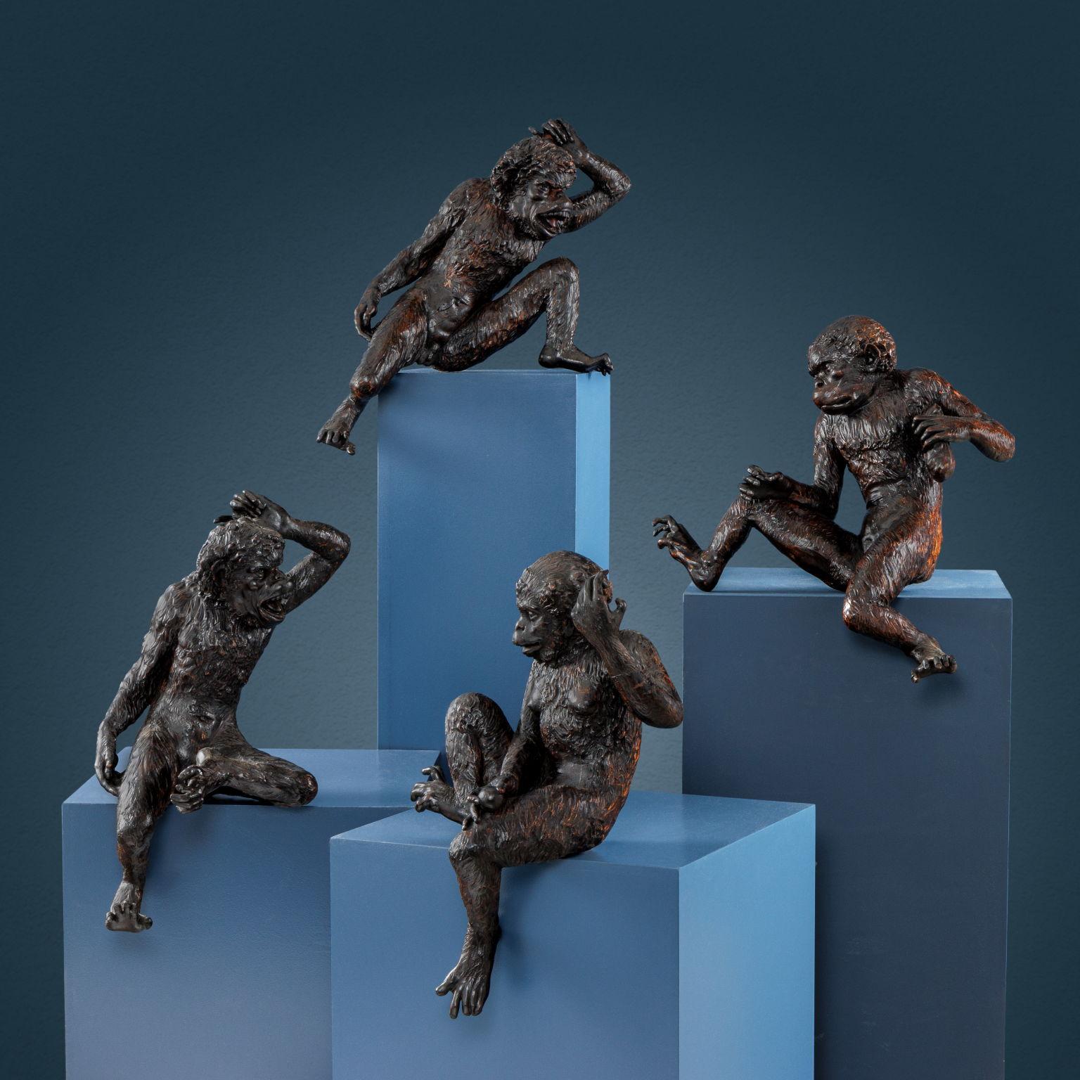 Gruppo di quattro scimmie in legno di tiglio finemente intagliato e patinato scuro. I primati, rappresentati con dovizia di particolari anatomici, assumono pose singolari che le rendono l’una diversa dall’altra: una scimmia regge in una mano un