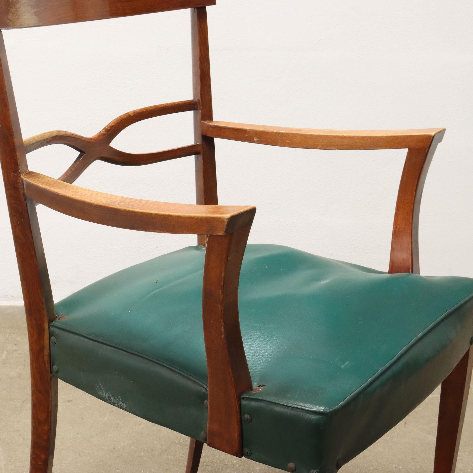 Italian Group of six Chairs and two armchairs 1950s beech and green leatherette For Sale