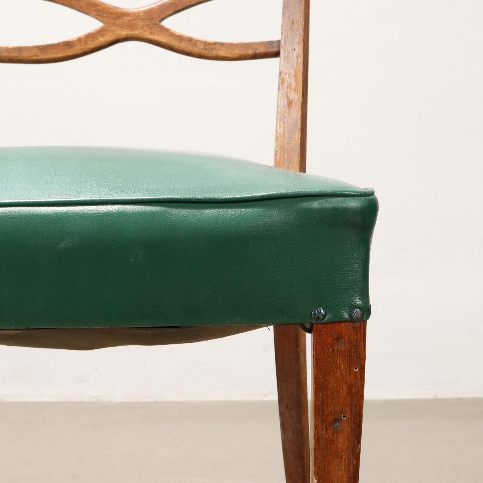 Group of six Chairs and two armchairs 1950s beech and green leatherette In Fair Condition For Sale In Milano, IT