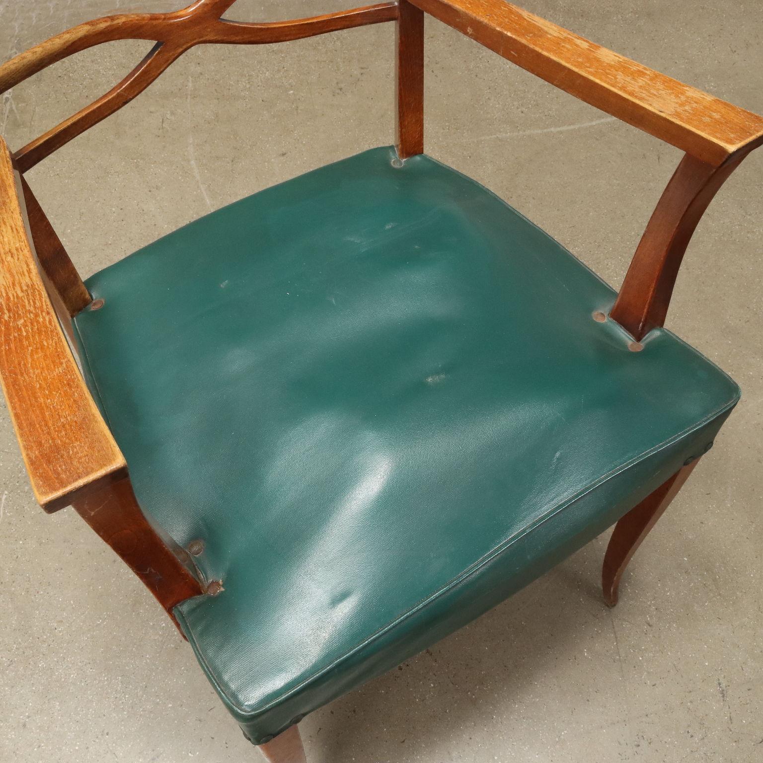 Beech Group of six Chairs and two armchairs 1950s beech and green leatherette For Sale
