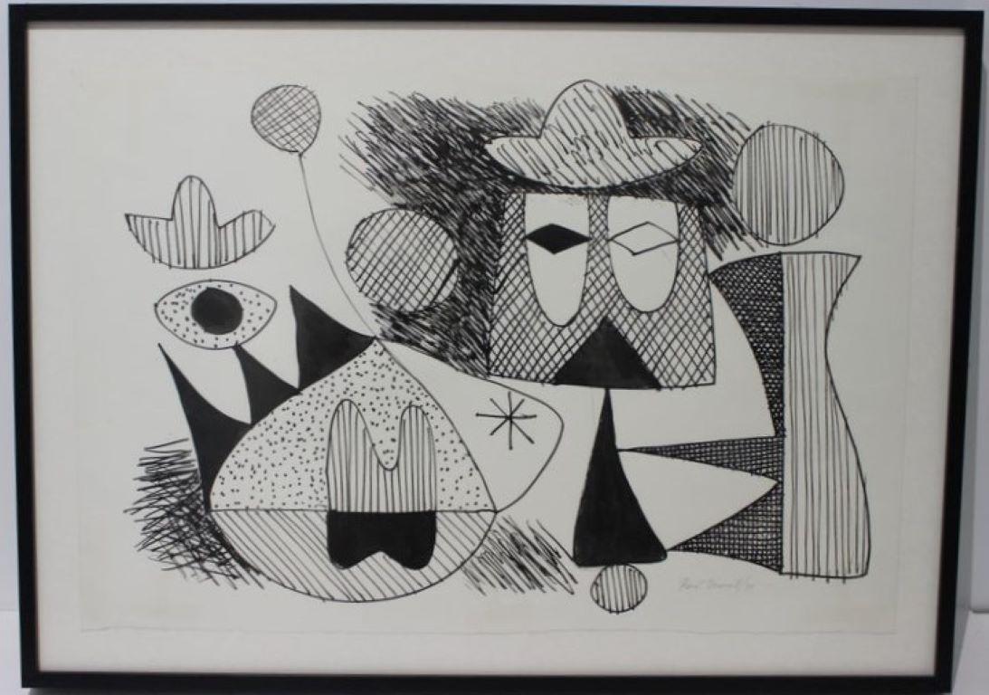 Disegno astratto a penna di Rene Marcel Gruslin (1910-1983) proveniente da una proprietà di Palm Beach. 

Nota: le dimensioni della cornice sono 18,19