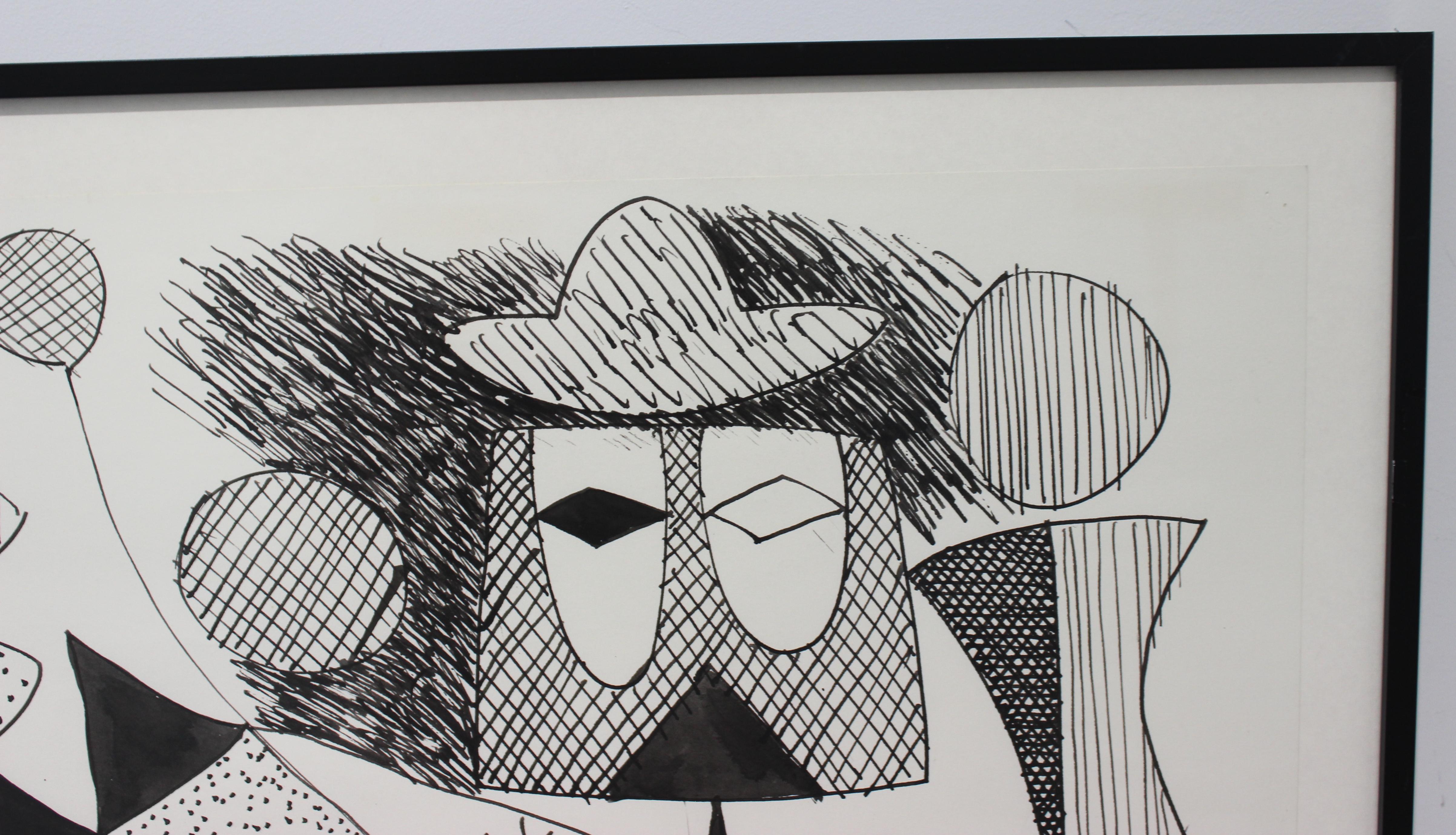 Gruslin Pen and Ink Abstract Painting  In Good Condition For Sale In West Palm Beach, FL
