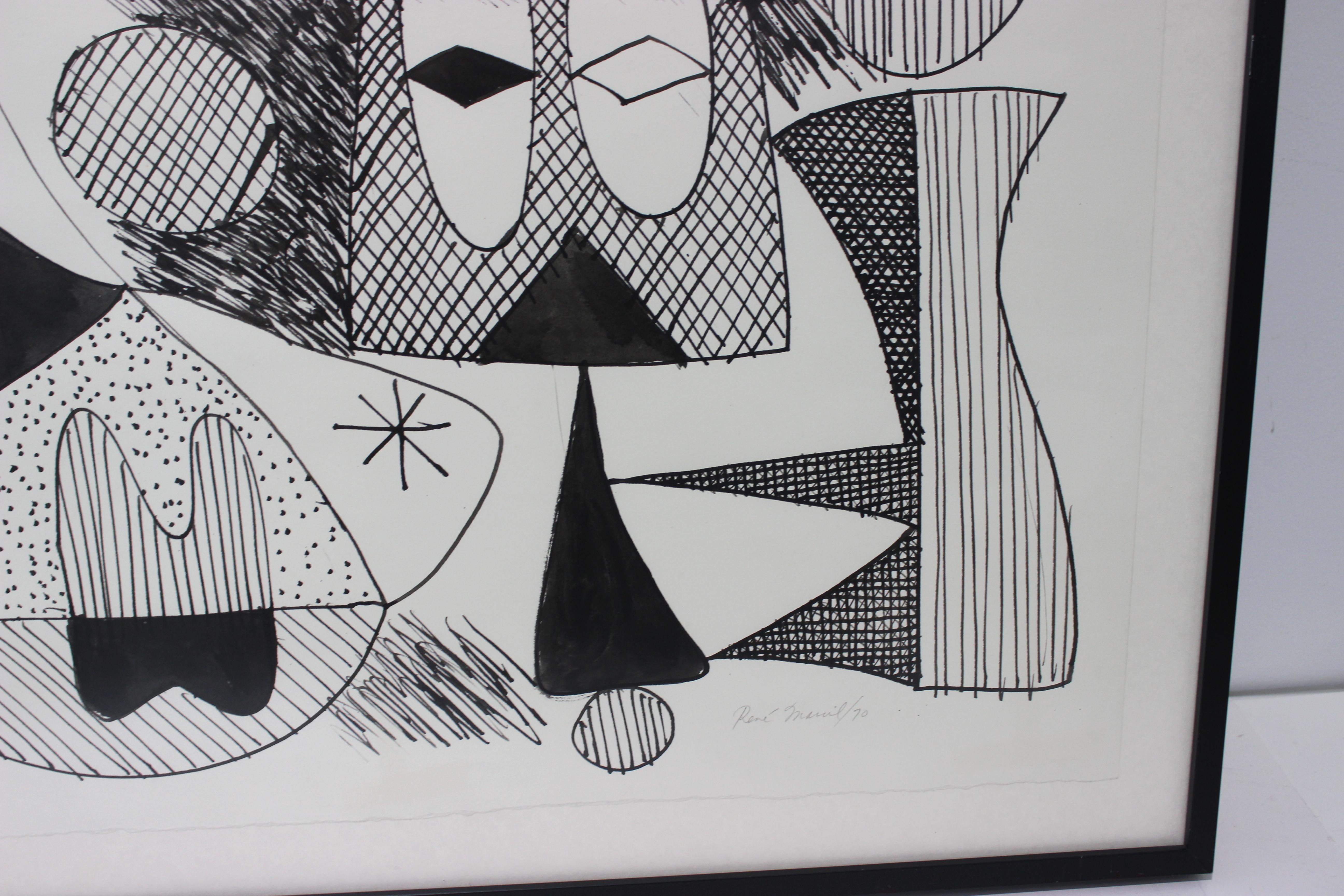 Late 20th Century Gruslin Pen and Ink Abstract Painting  For Sale