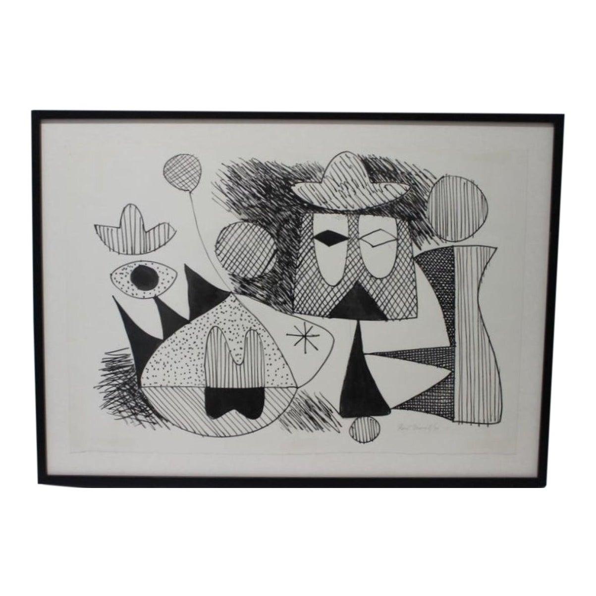 Gruslin Pen and Ink Abstract Painting  For Sale