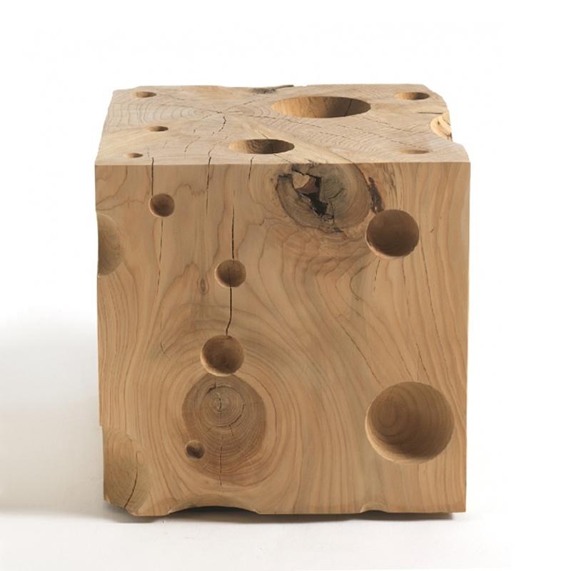 Stool Gruyère made in natural solid cedar wood
with natural pine extract wax treatment. Original
subtle decoration piece.
Solid cedar wood include movement, 
cracks and changes in wood conditions, 
this is the essential characteristic of natural