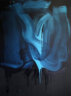 Bleu sur noir - Série Blobs - Expression colorée, peinture à l'huile de format XL
