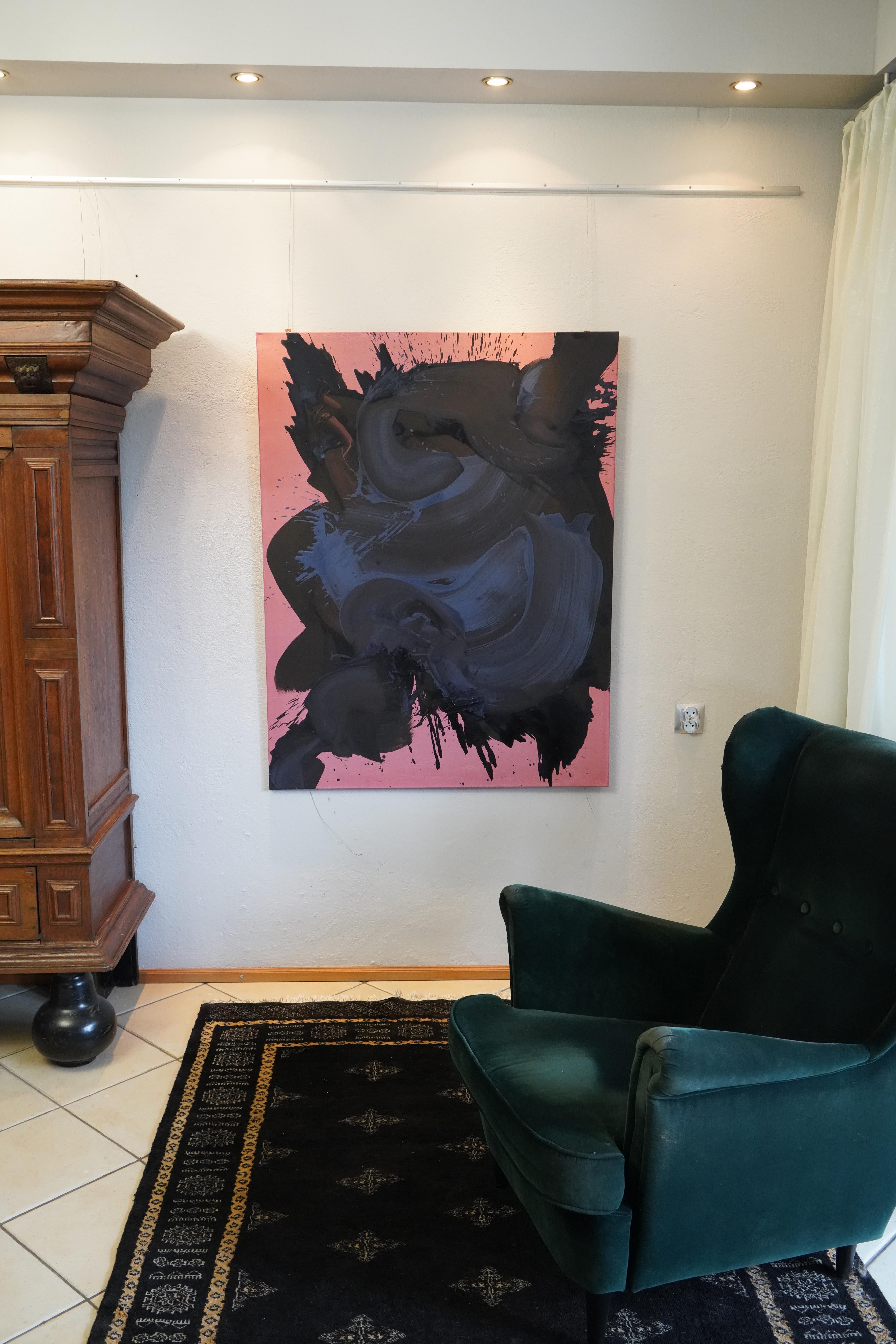 On The Pink 1 - Series Blobs - Contemporary Oil Painting, Colourful Expression - Black Figurative Painting by Grzegorz Radecki