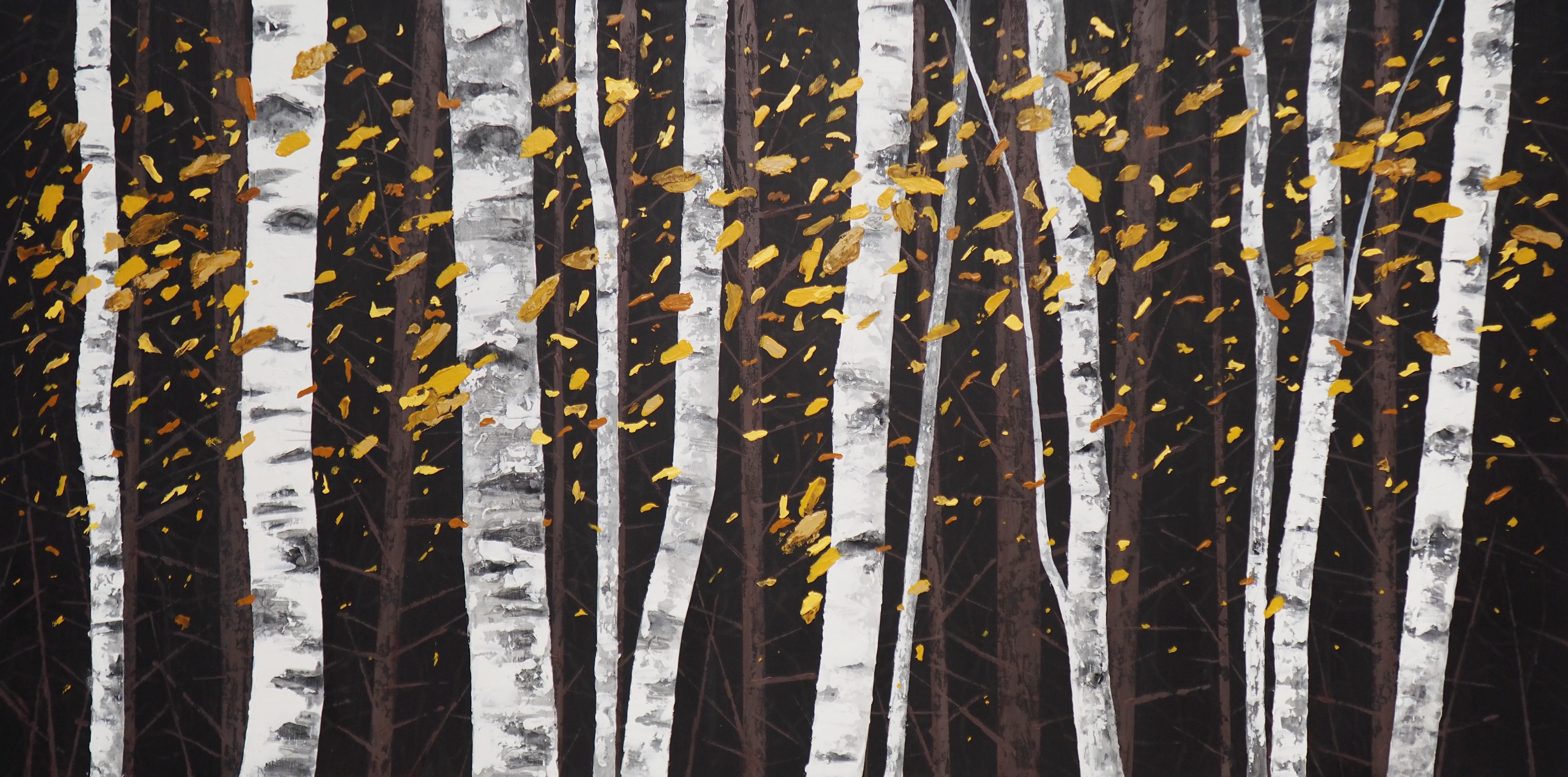 Landscape Painting di Grzegorz Wójcik - BIRCHES VI - Pittura d'atmosfera contemporanea e Nature moderne