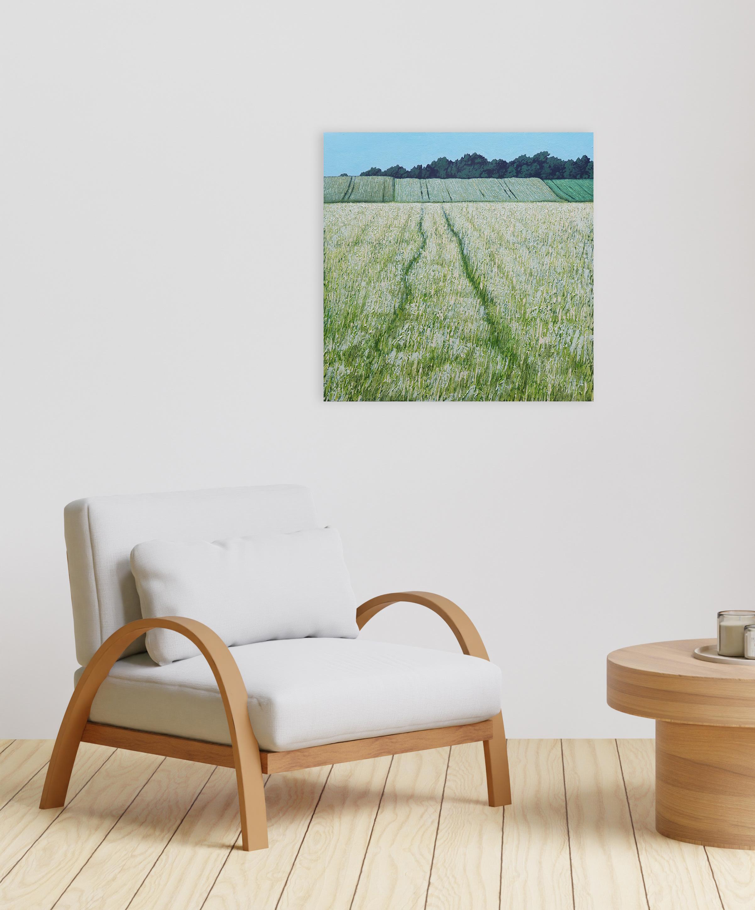 Fields II - Modern Contemporary Atmospheric Landscape - Blue Figurative Painting by Grzegorz Wójcik