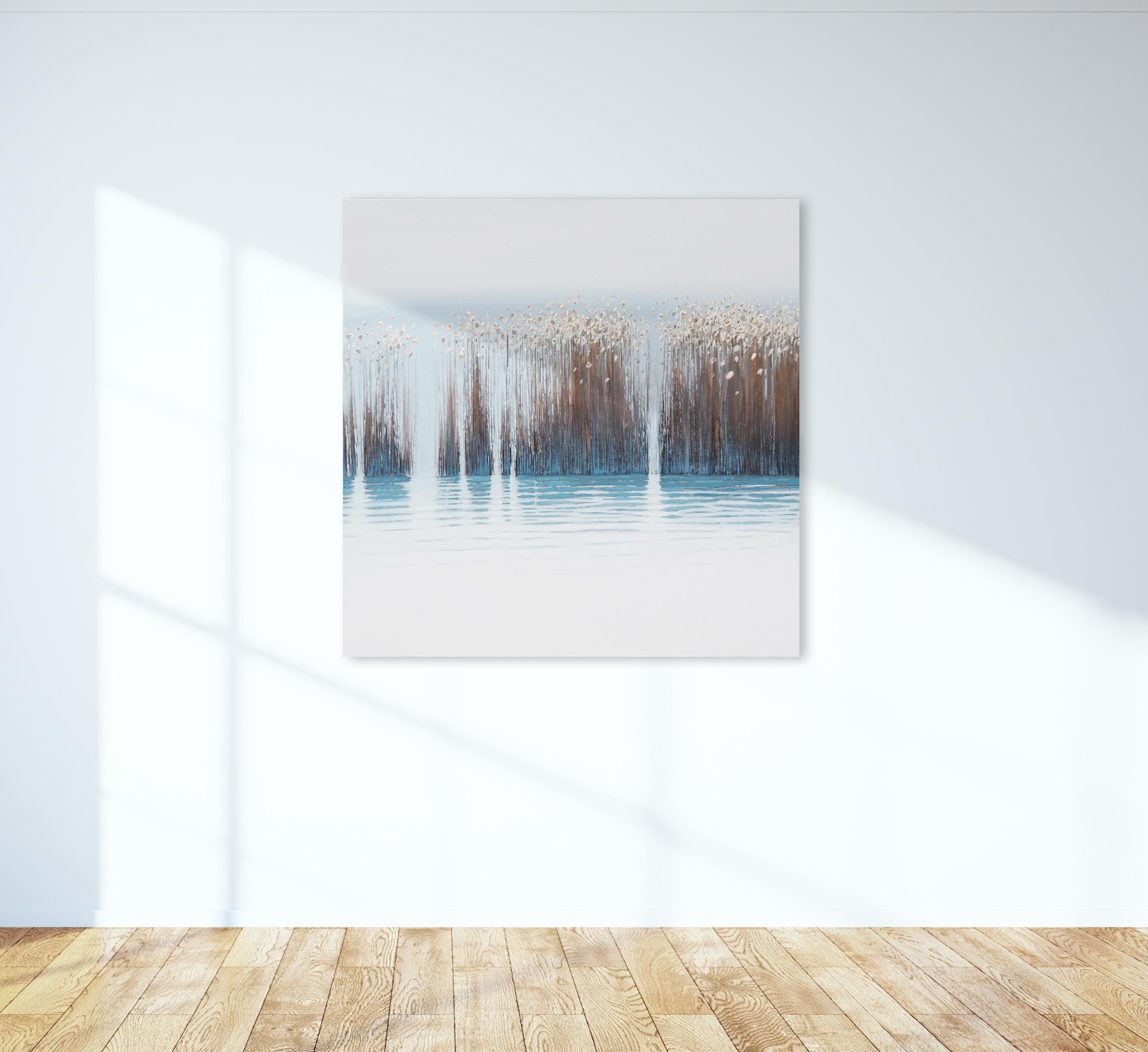 GRASSES IV - Contemporary Atmospheric Landscape,  Modern Lake, Seascape Painting - Gray Landscape Painting by Grzegorz Wójcik
