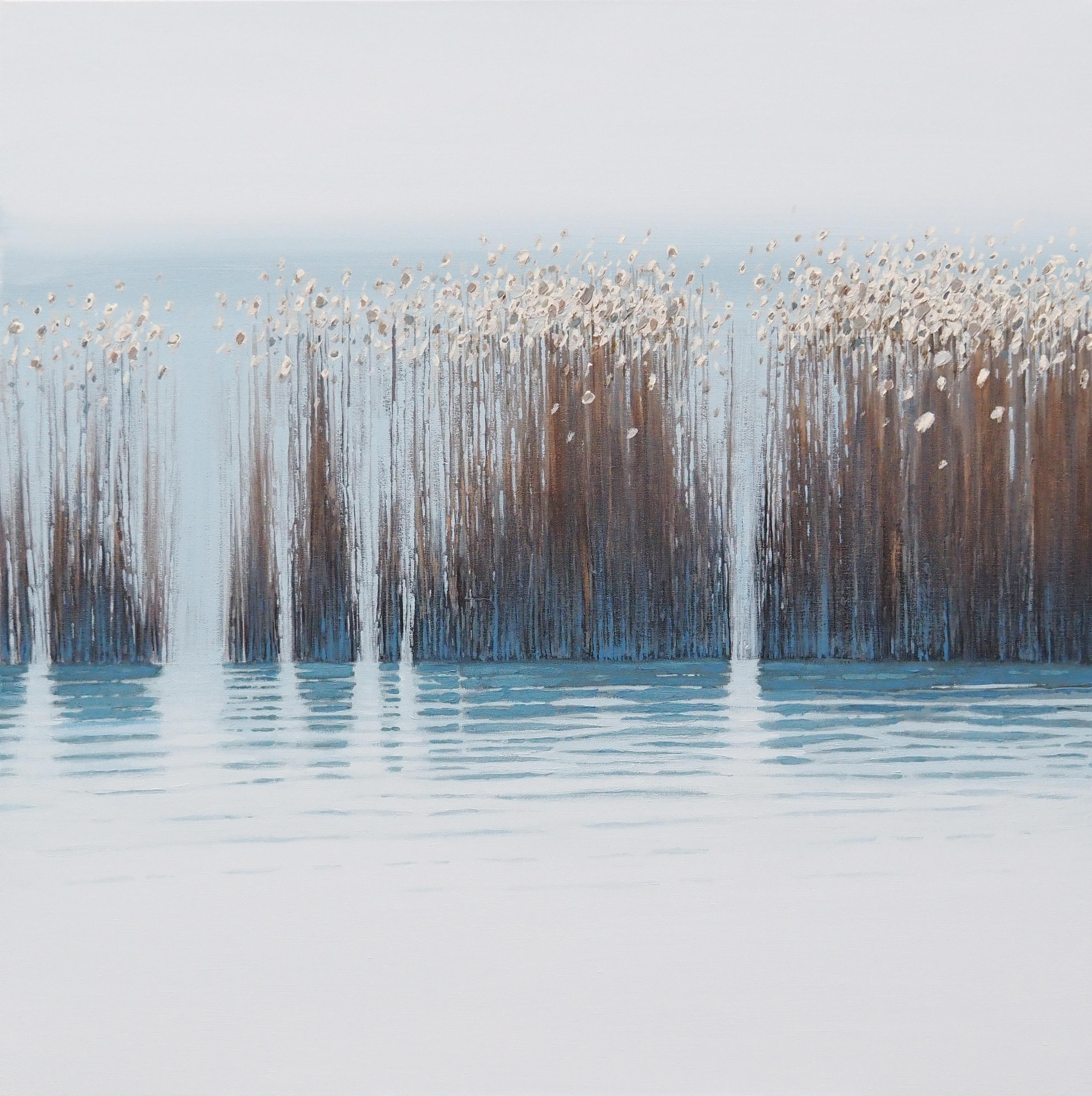 GRASSES IV - Paesaggio atmosferico contemporaneo,  Pittura moderna del lago, paesaggio marino