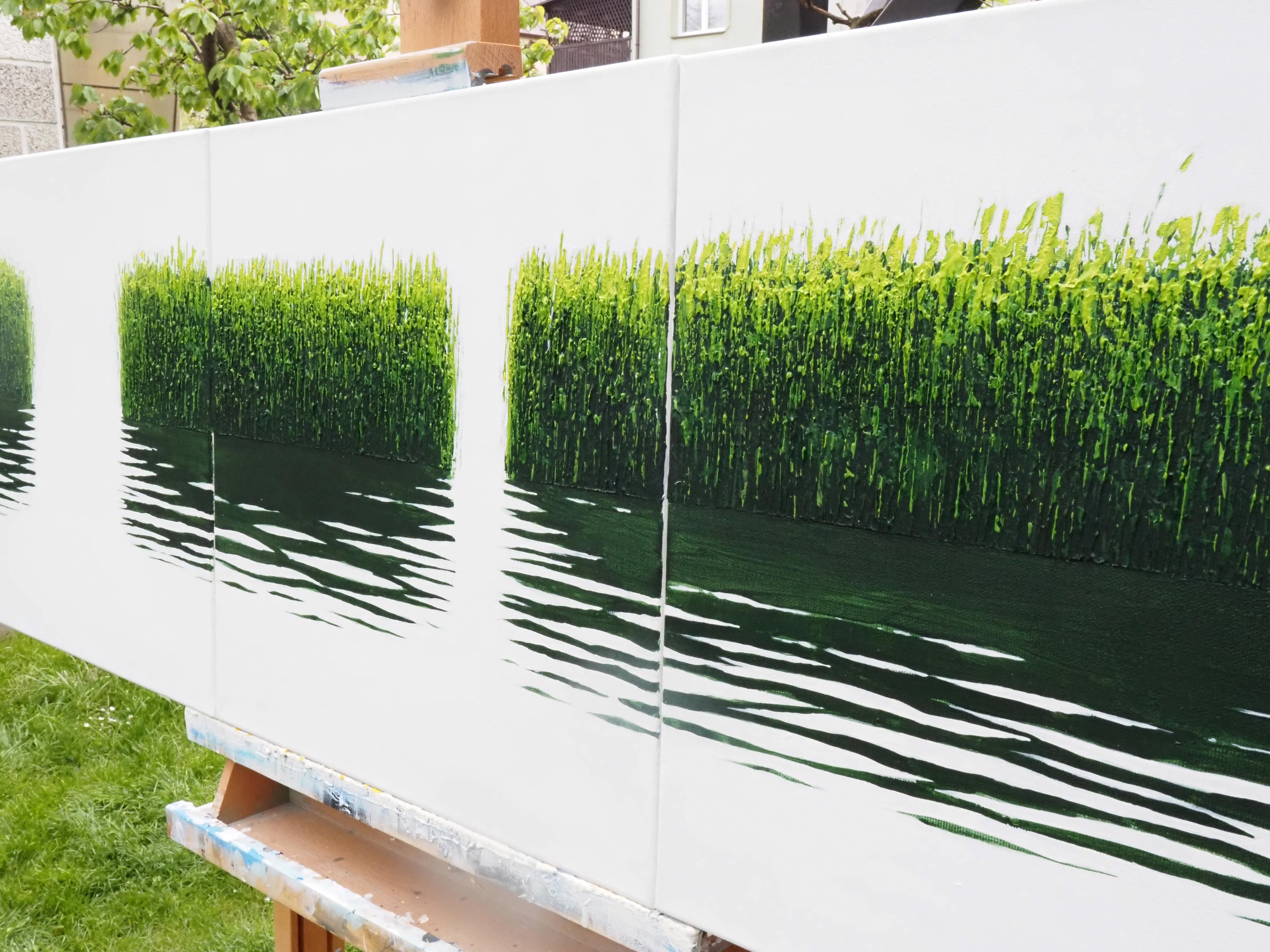 GRASSES V Triptych - Atmospheric Landscape, Modern Seascape Painting  For Sale 1