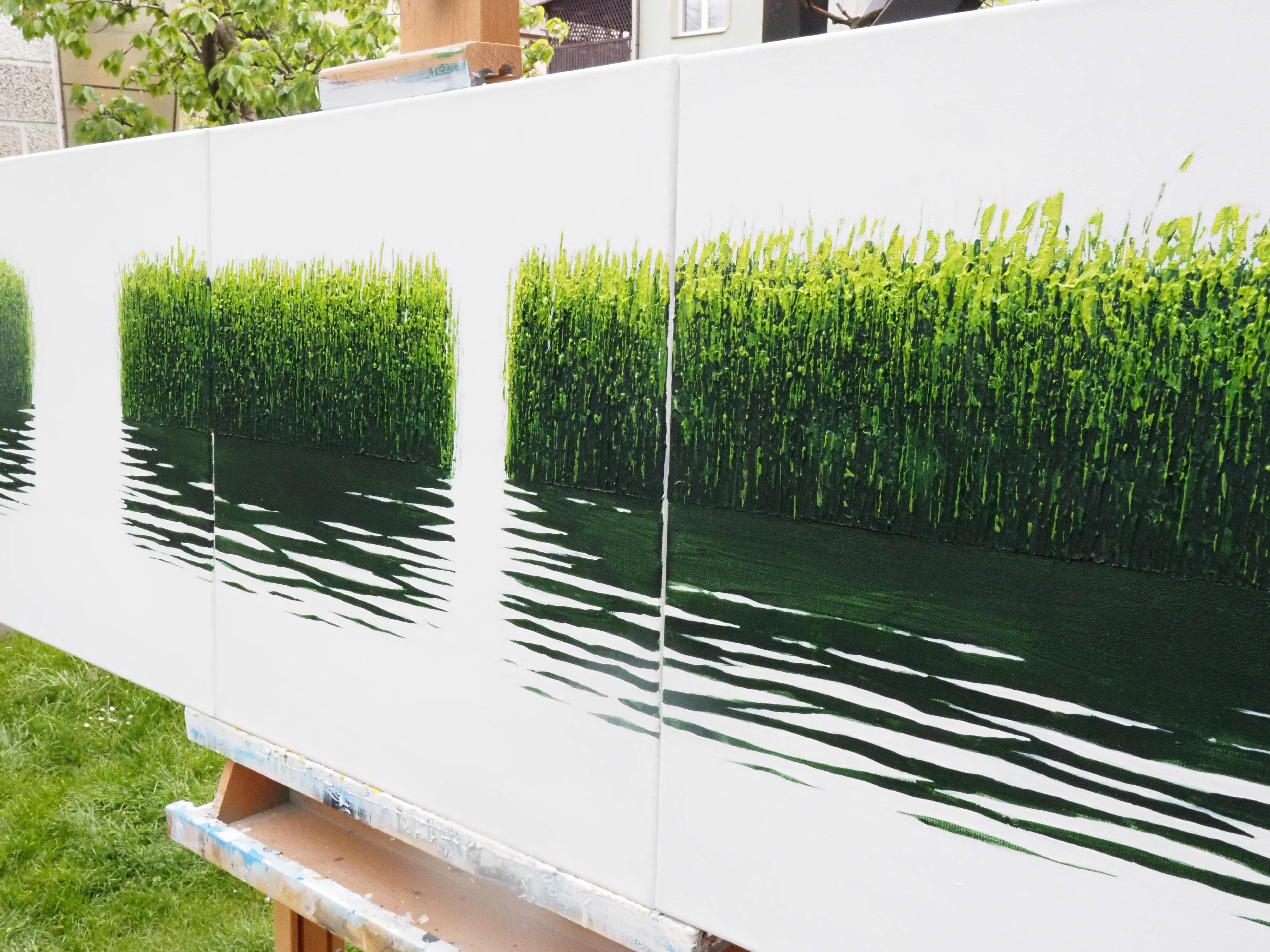 GRASSES V Triptyque - Paysage atmosphérique, peinture moderne de paysage marin. - Contemporain Painting par Grzegorz Wójcik