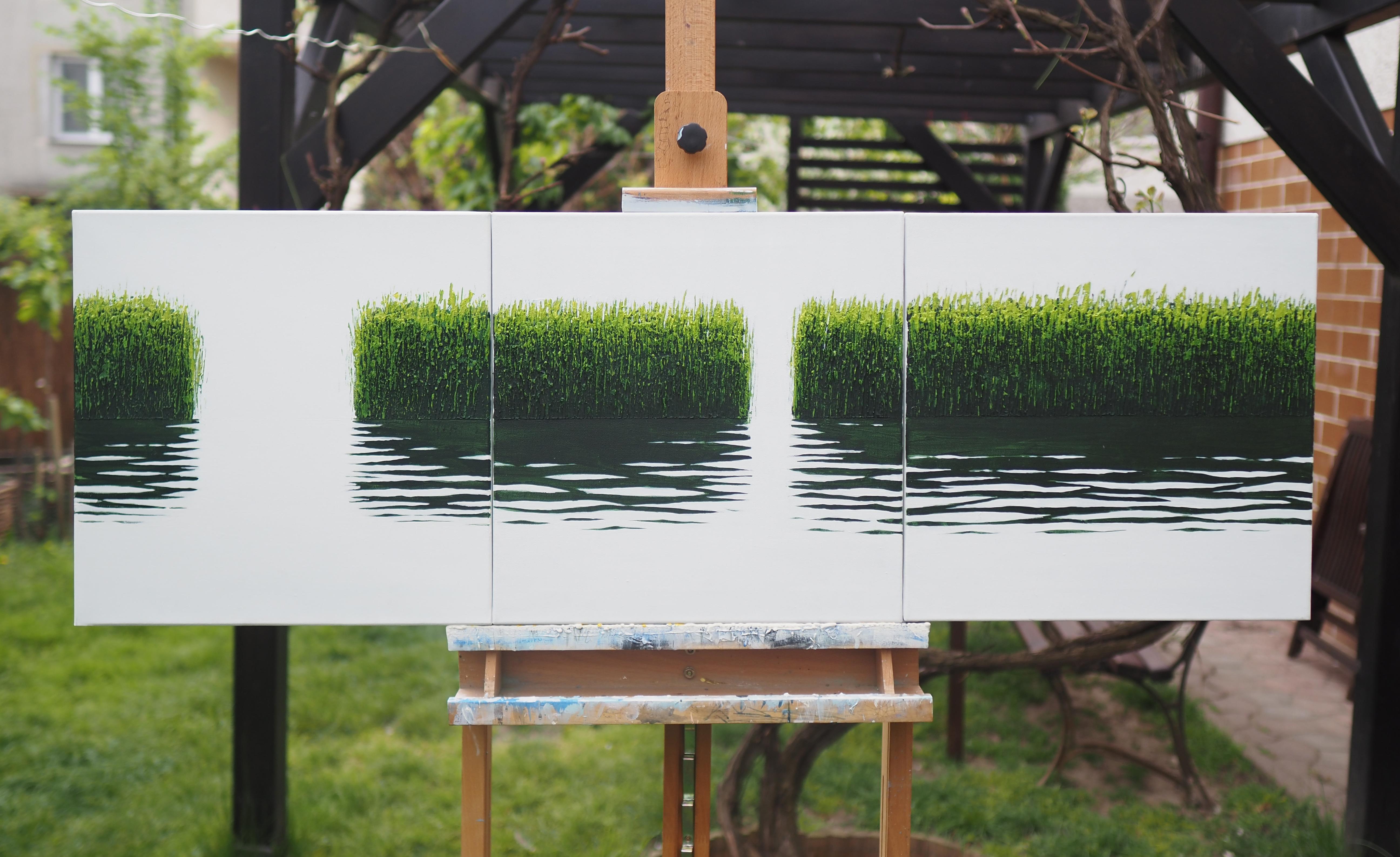 GRASSES V Triptyque - Paysage atmosphérique, peinture moderne de paysage marin.  en vente 1