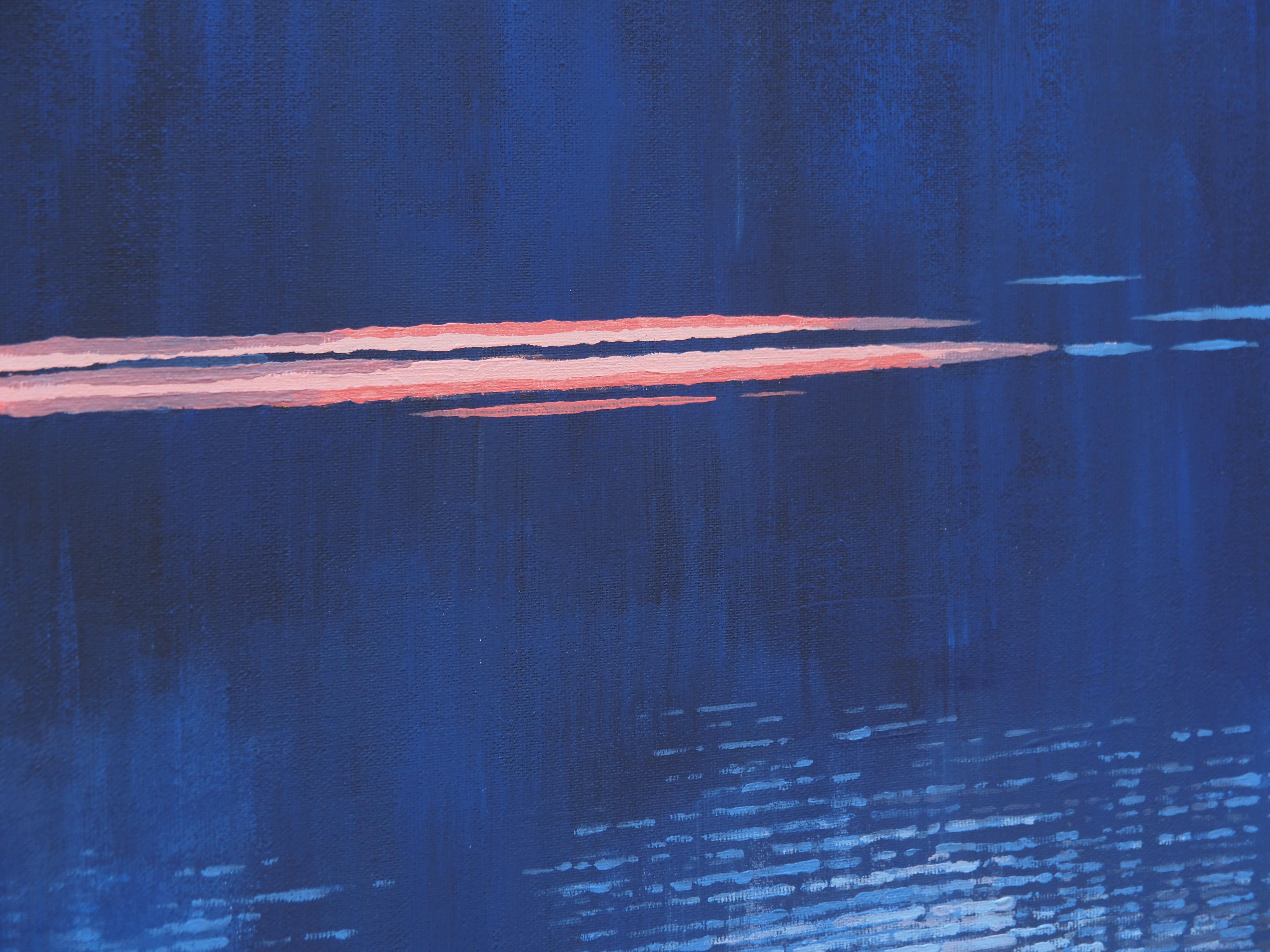 REFLEXIONS 6 - Paysage atmosphérique contemporain,  Peinture moderne de paysage marin - Violet Landscape Painting par Grzegorz Wójcik
