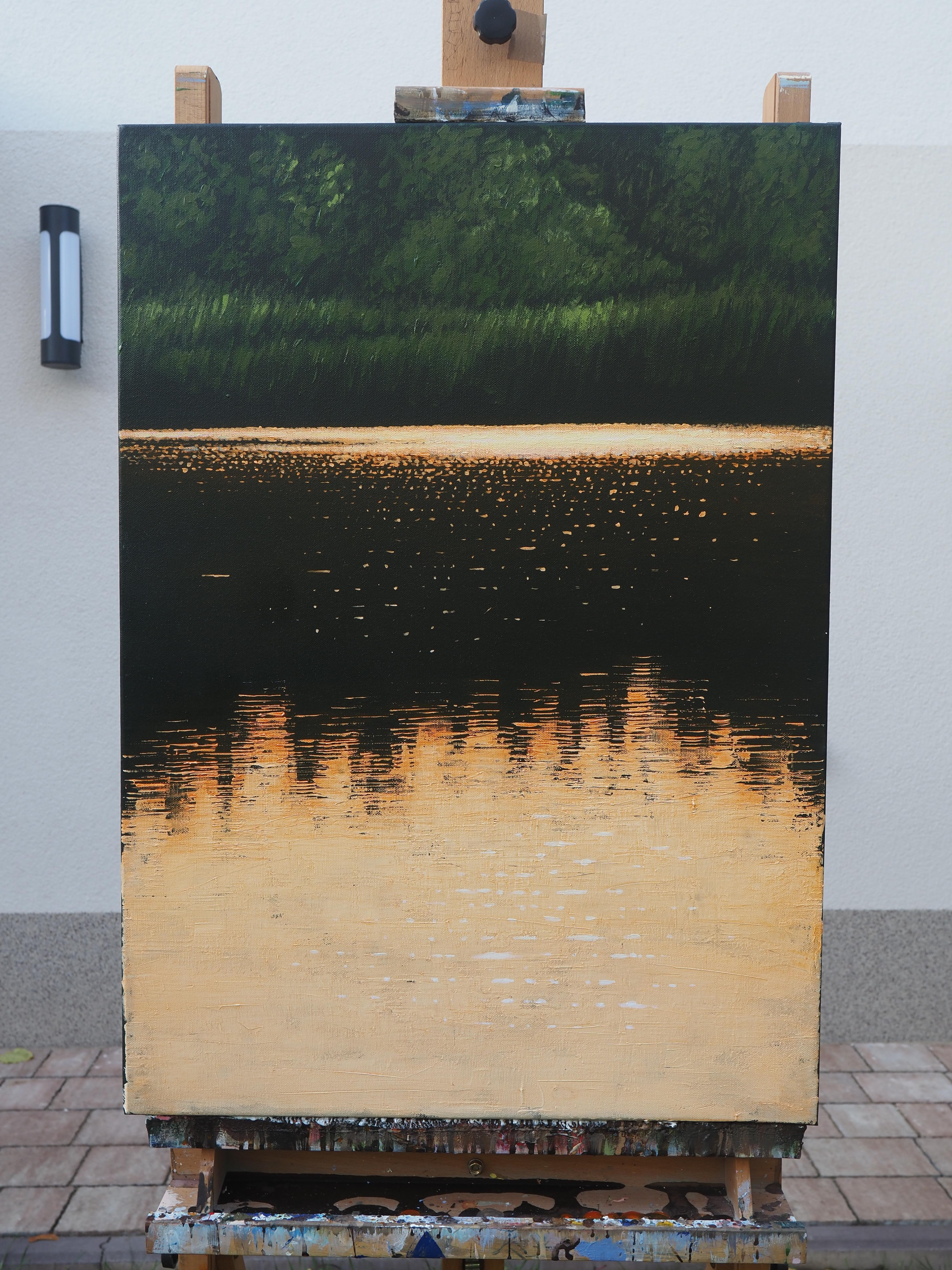 REFLECTIONS XI - Contemporary Atmospheric Lake Landscape - Painting by Grzegorz Wójcik