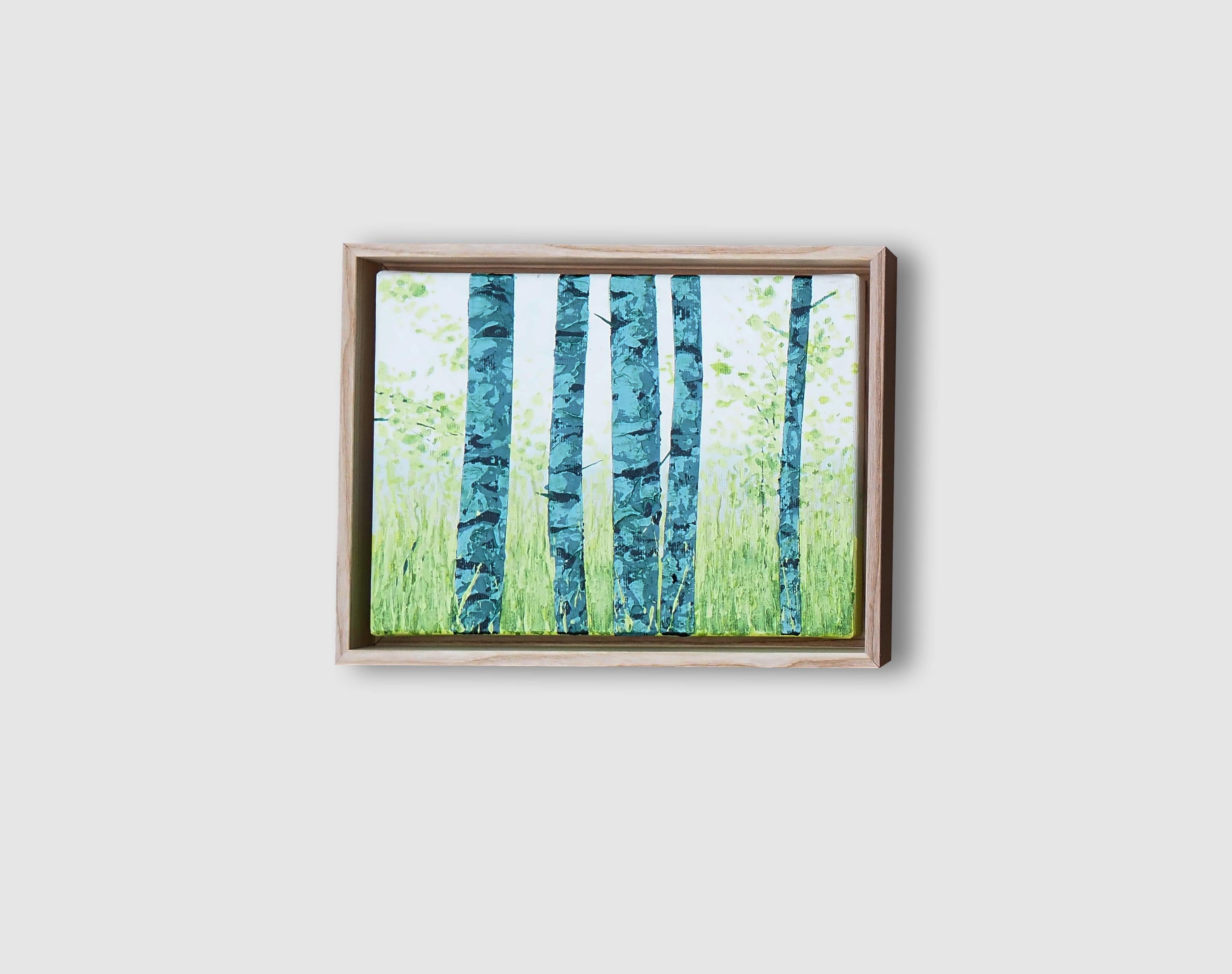 Summer Birches  - Atmospheric Nature Painting, Framed - Gray Landscape Painting by Grzegorz Wójcik