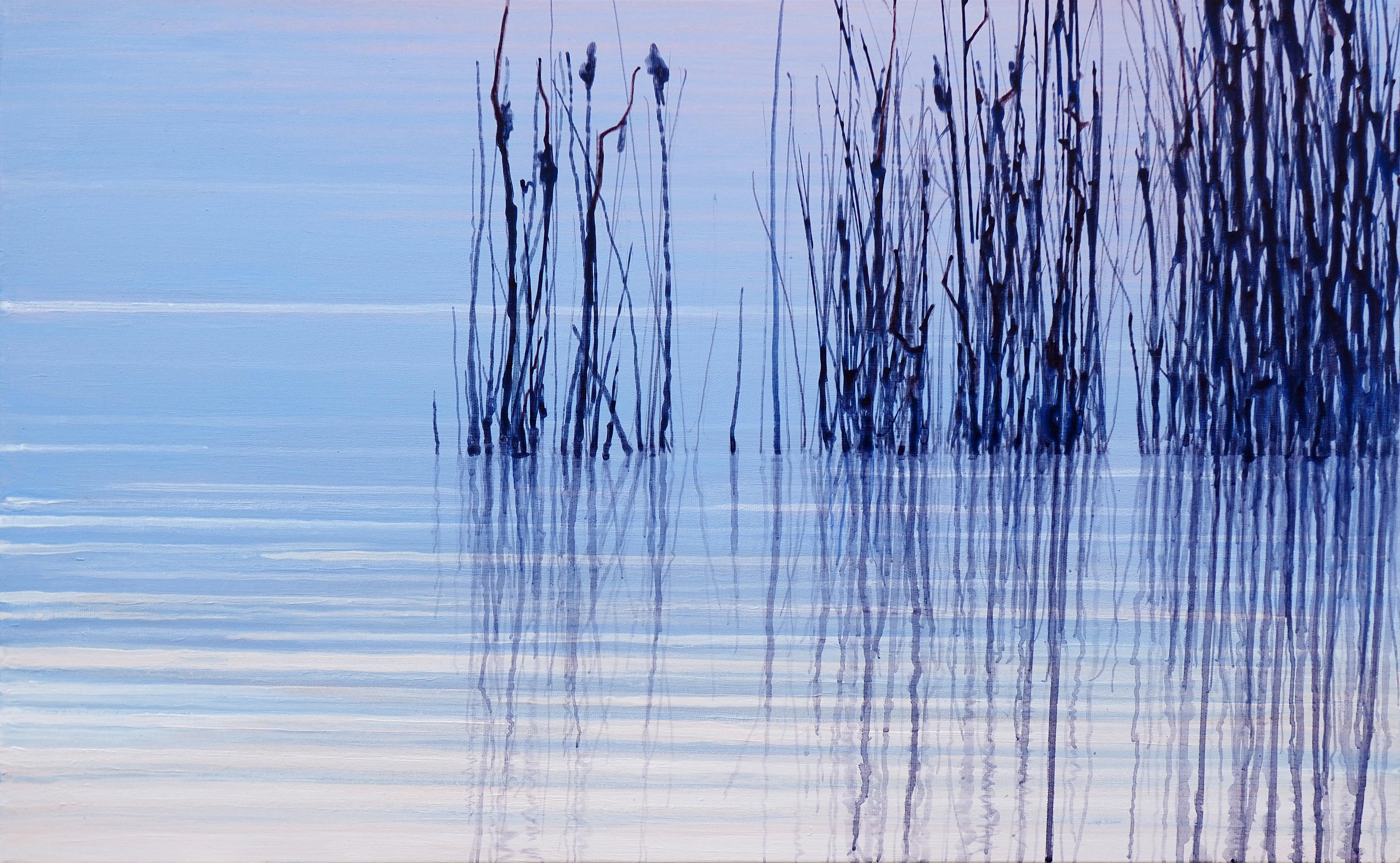 Reflecteur d'eau I,  Des roseaux dans l'eau - Paysage moderne contemporain et atmosphérique - Painting de Grzegorz Wójcik