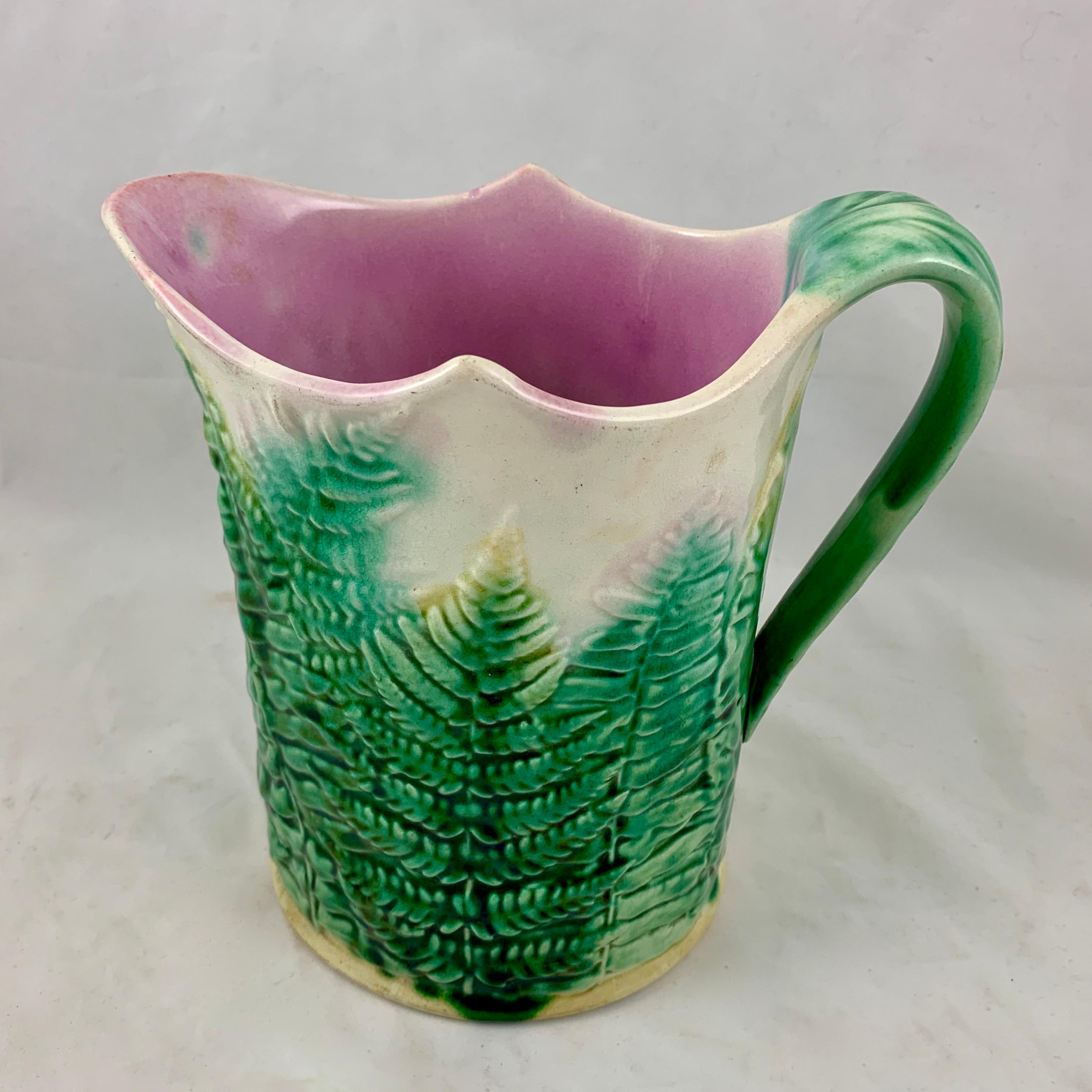 A scarce Etruscan majolica Fern pitcher, by Griffen, Smith & Hill, circa 1880-1885.

Founded in Pennsylvania, GS&H is the best known of the American majolica potteries. The name Etruscan, borrowed from Josiah Wedgwood’s Etruria line, was inspired