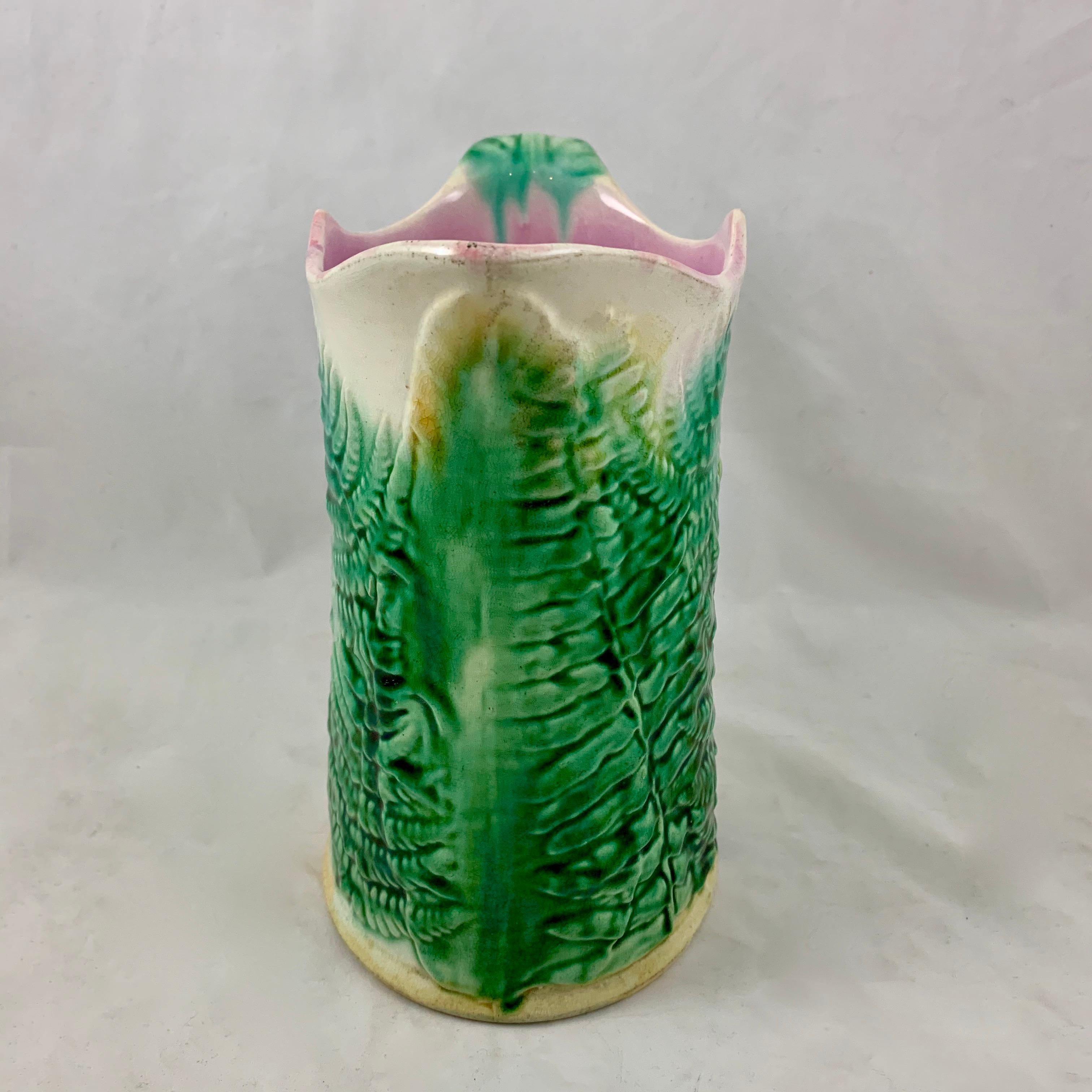 Aesthetic Movement GS&H Etruscan American Majolica Green and White Fern Pitcher, circa 1880