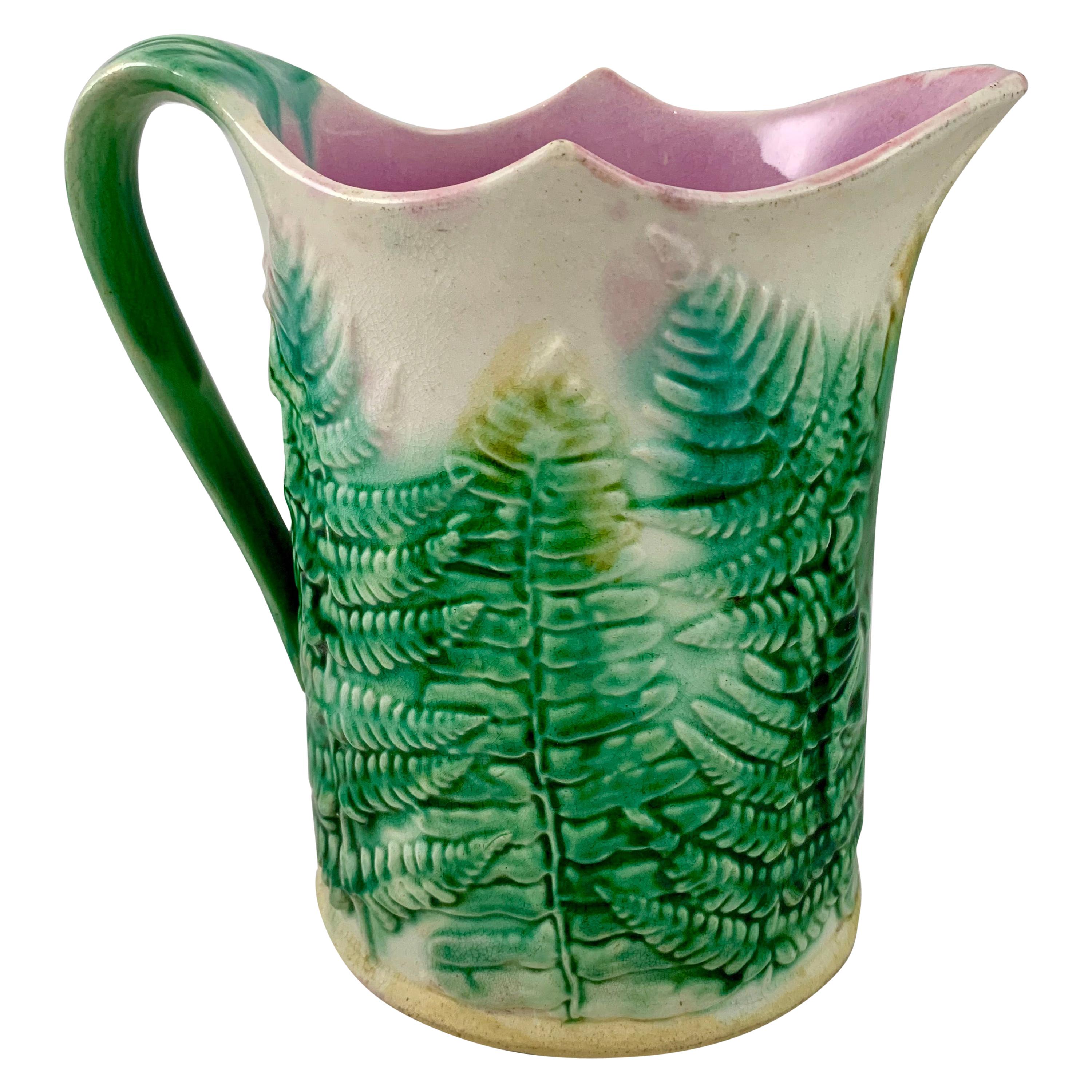 GS&H Etruscan American Majolica Green and White Fern Pitcher, circa 1880