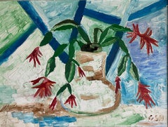 1970s "Red Flower Still Life" Oil Painting