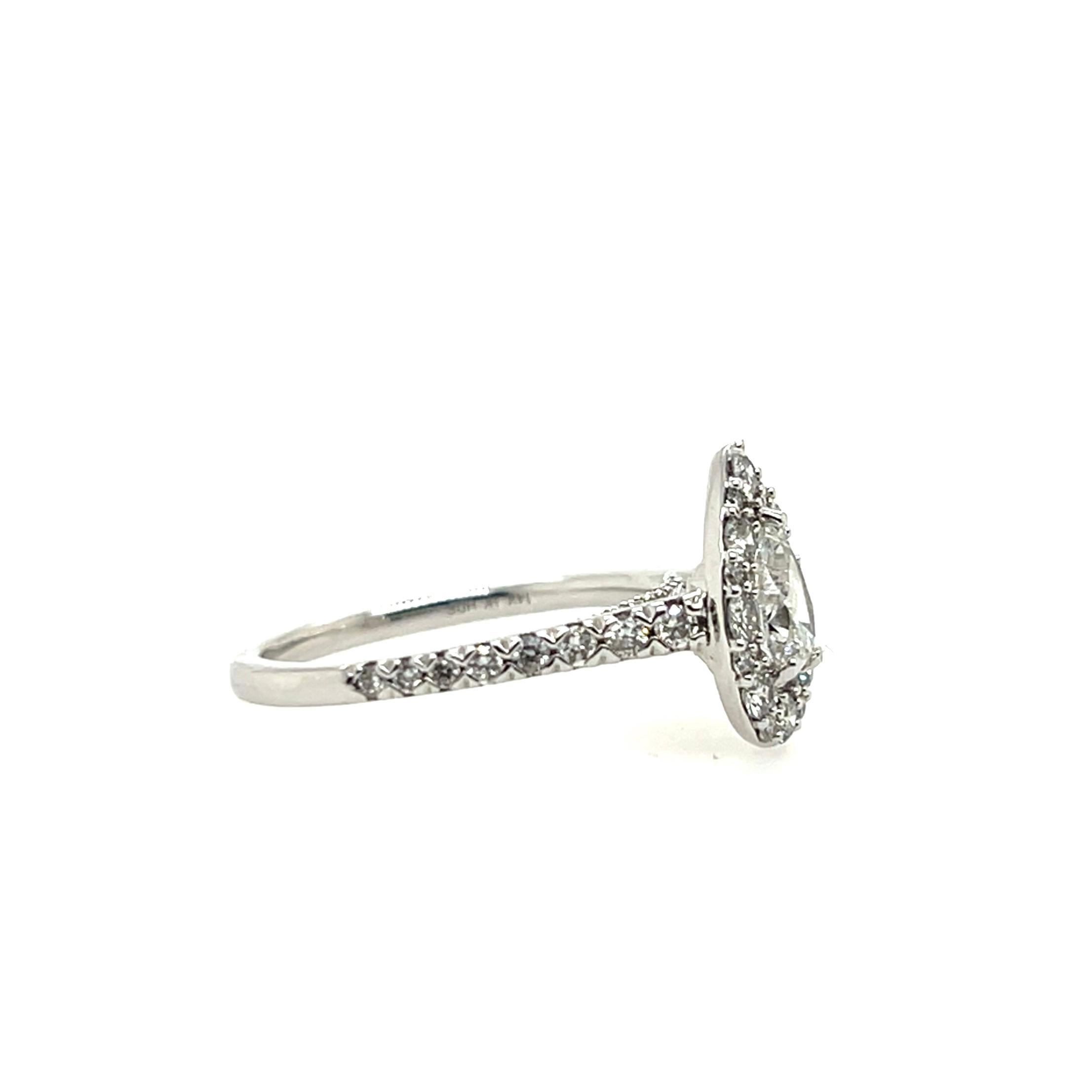 Women's or Men's GSI Certified 1.00 CTW Pear Diamond Halo 14k White Gold Engagement Ring For Sale