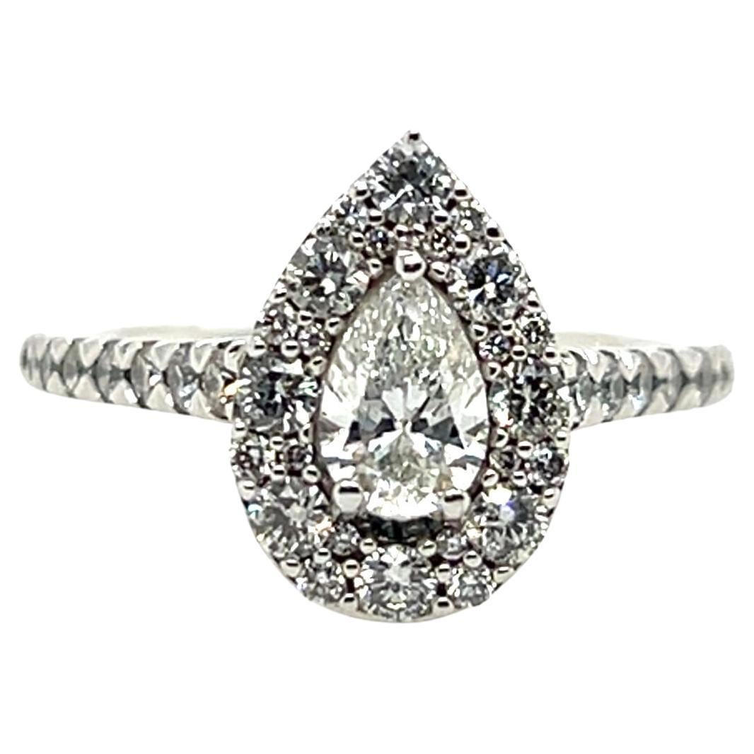 GSI Certified 1.00 CTW Pear Diamond Halo 14k White Gold Engagement Ring For Sale