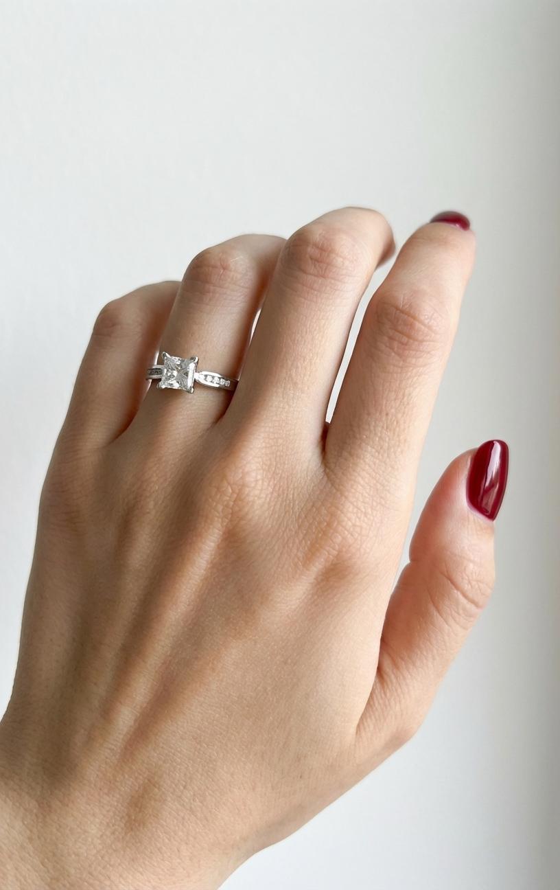 Este precioso anillo de compromiso de The Leo Diamond® by Leo Schachter incluye un diamante certificado Leo® de talla princesa de 0,95 quilates, engastado en elegante oro blanco de 14 quilates. La piedra central está clasificada por GSI (Gemological