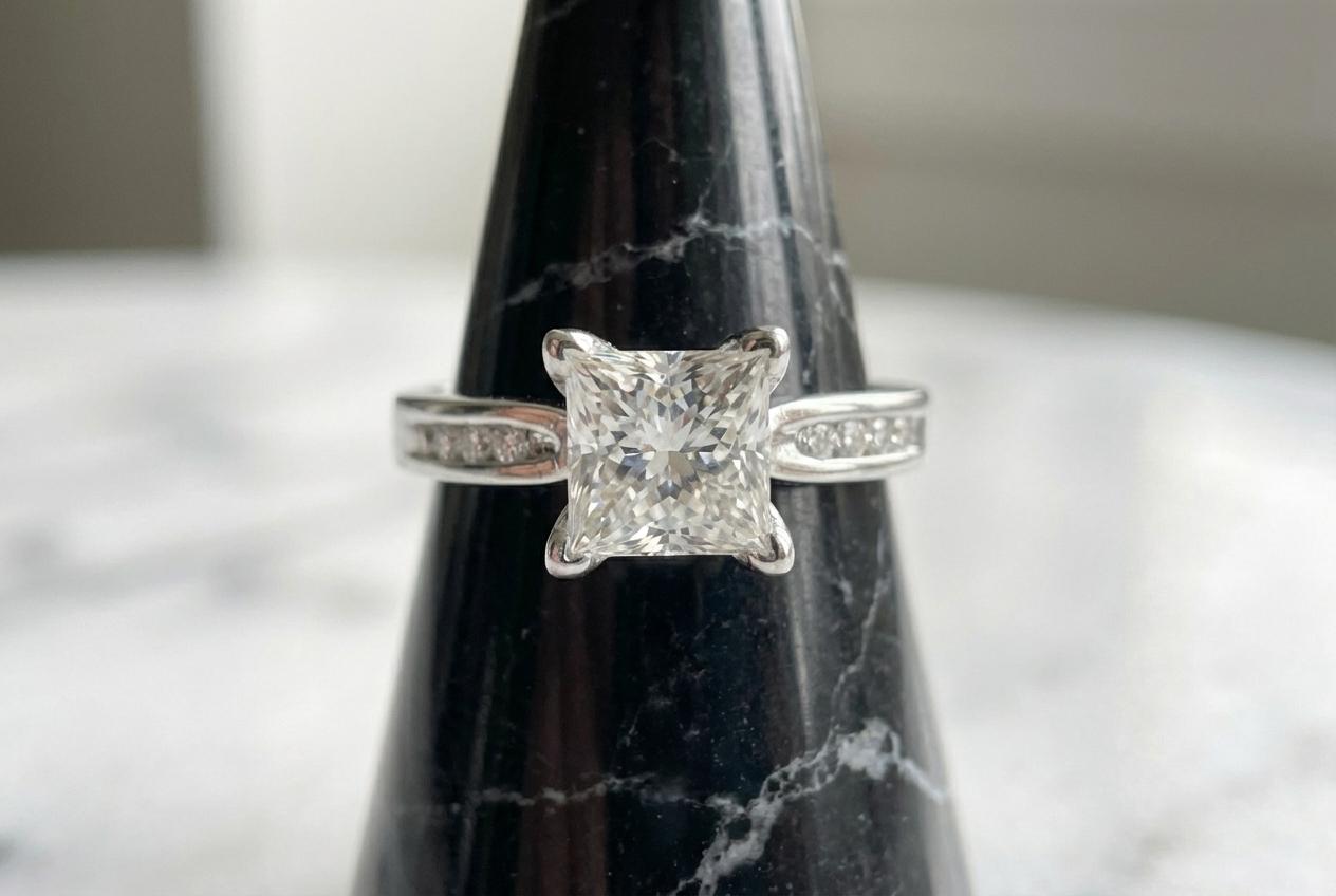 Anillo de compromiso de diamantes talla princesa Leo de 0,95 quilates con certificación GSI en oro blanco de 14 quilates Contemporáneo en venta