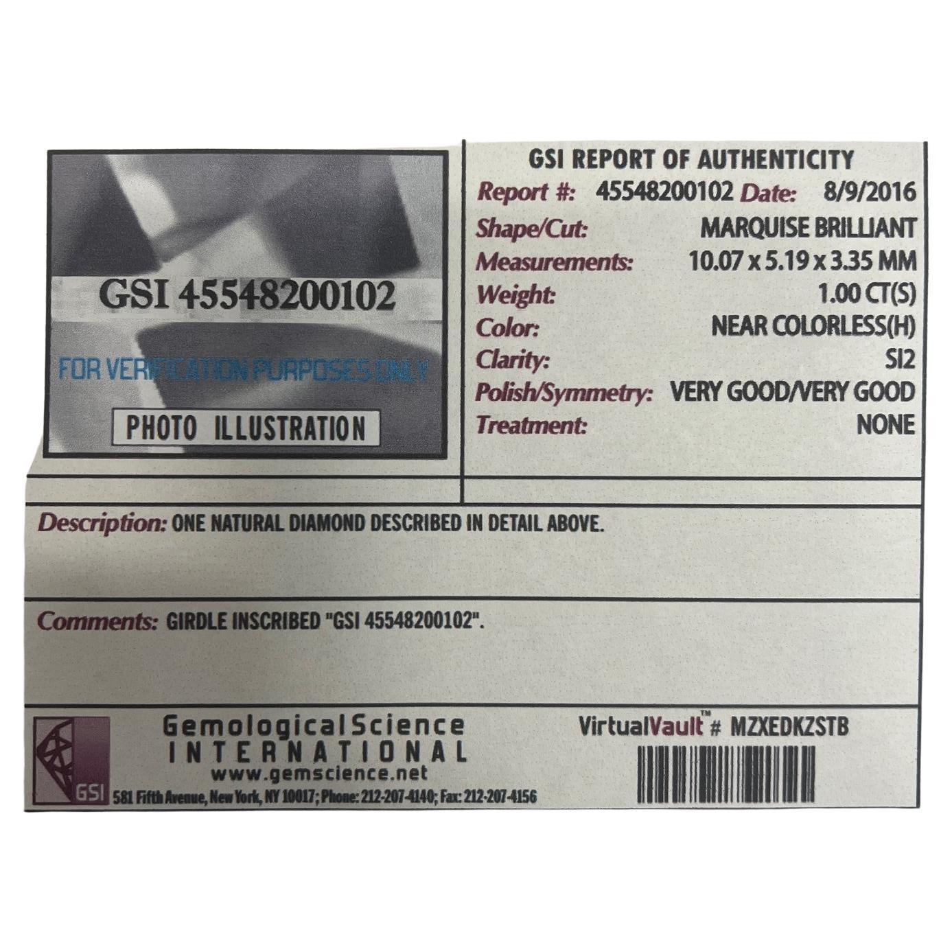 GSI Certified 1.00 Carat H SI2 Marquise Natural Diamond Engagement Ring In Excellent Condition For Sale In  Baltimore, MD