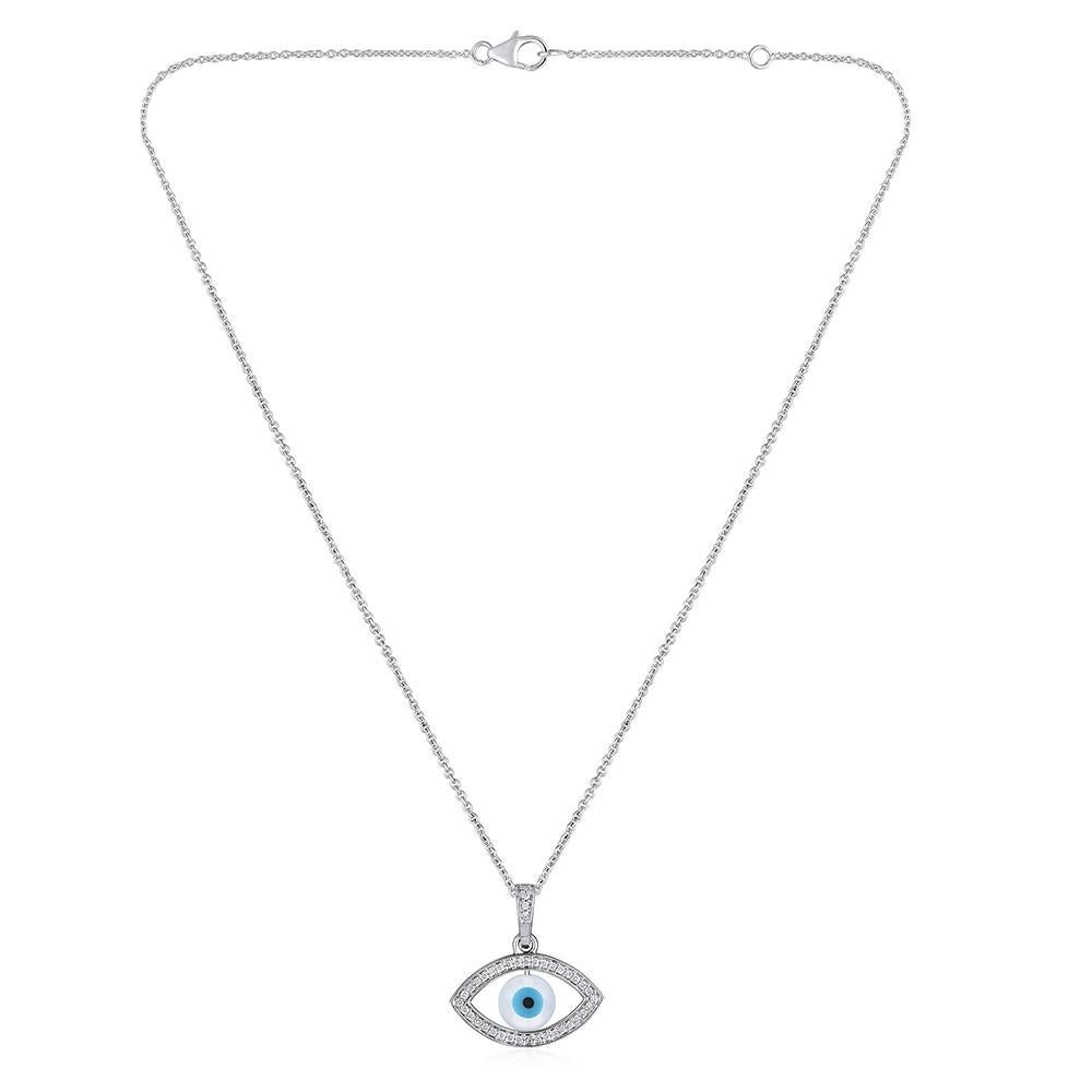 Contemporary GSI Certified 14k Gold 0.23 Carat Natural Diamond F-VS Blue Evil-Eye Necklace For Sale