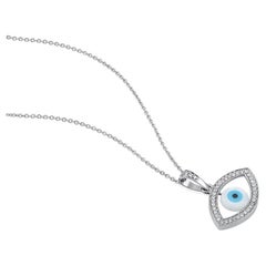 GSI Certified 14k Gold 0.23 Carat Natural Diamond F-VS Blue Evil-Eye Necklace