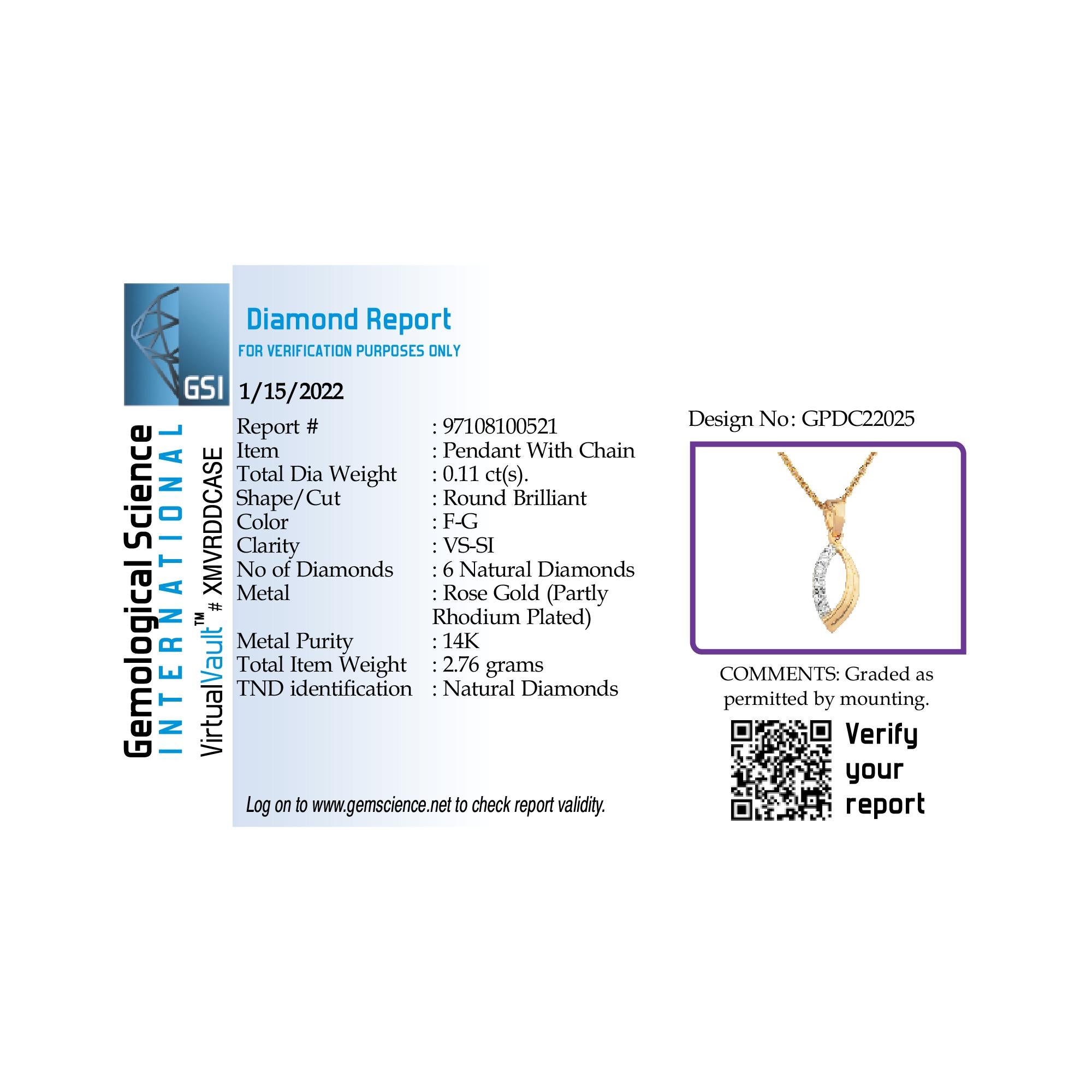 Brilliant Cut GSI Certified 14k Gold 0.2 Carat Natural Diamond F-VS Necklace Earrings Set For Sale