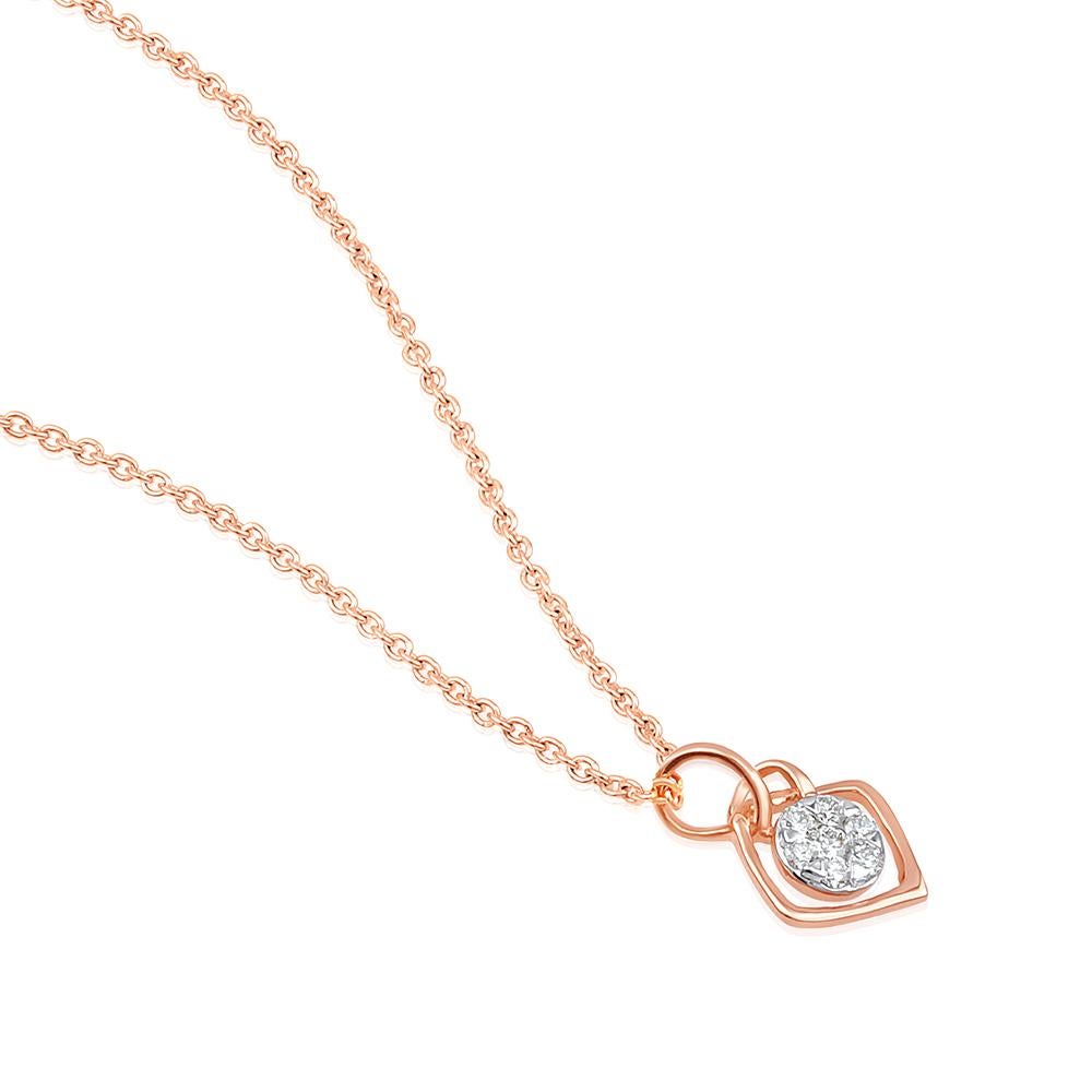 Crafted in 3.40 grams of 14-karat Rose Gold, The Wales Pendant Necklace and Studs Earrings Jewelry Set contains 21 Stones of Round Diamonds with a total of 0.20-Carats in F-G Color and VVS-VS Clarity. The Chain is 18-inch in Length.
 
CONTEMPORARY