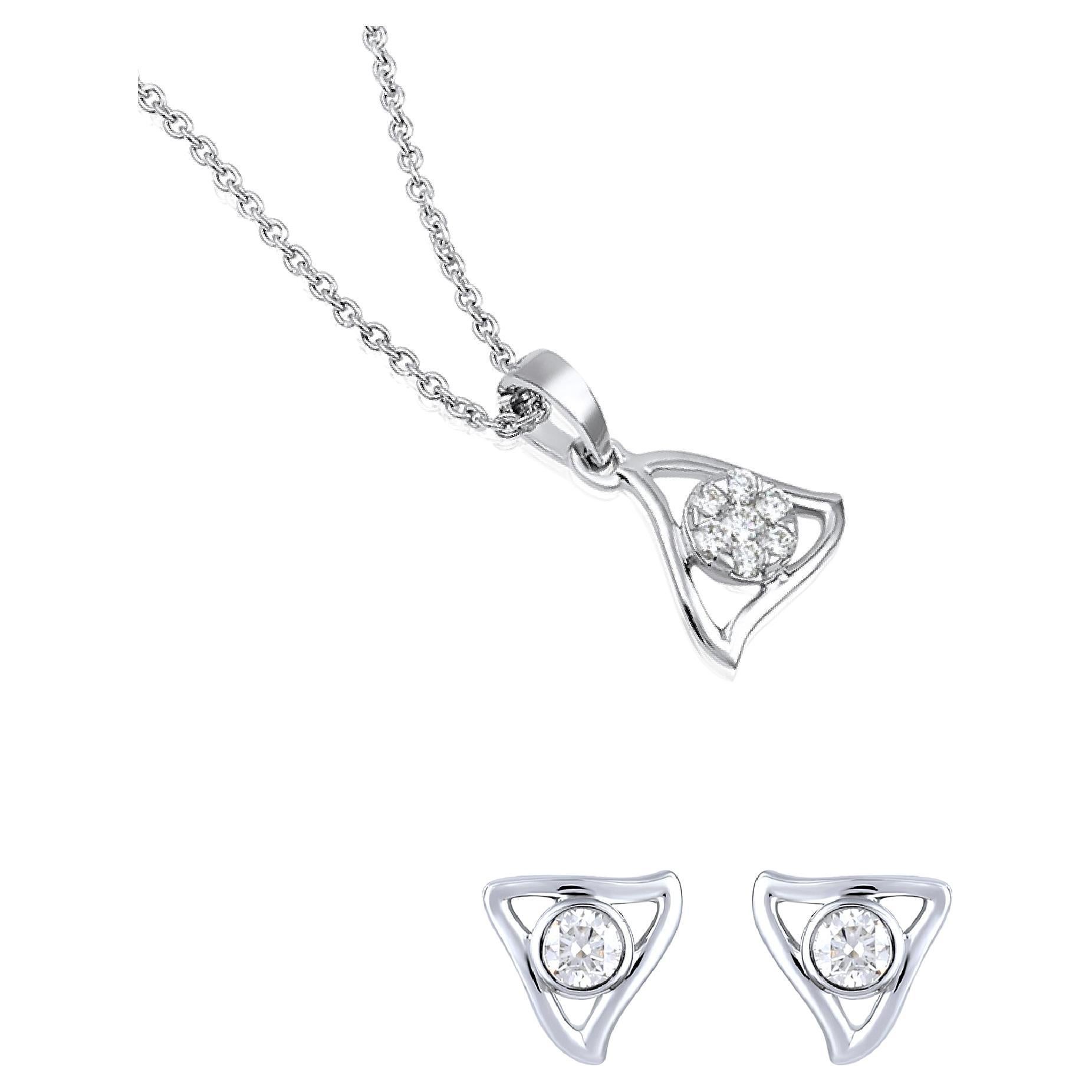GSI Certified 14k Gold 0.2ct Natural Diamond F-VVS Triangle Necklace Earrings Se
