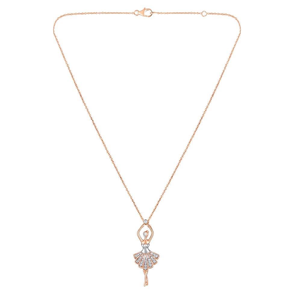 GSI Certified 14k Gold 0.2 Ct Natural Diamond G-VS Rose Ballet Dancer Necklace For Sale