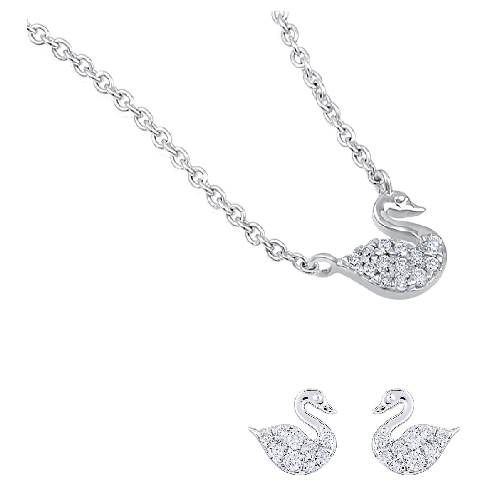 GSI Certified 14k Gold 0.2ct Natural Diamond G-VVS Swan Necklace Earrings Set For Sale