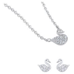 GSI Certified 14k Gold 0.2ct Natural Diamond G-VVS Swan Necklace Earrings Set