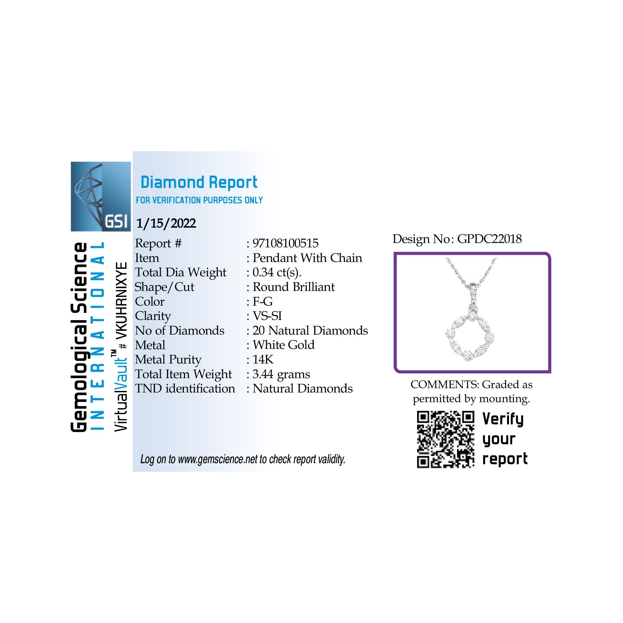 Brilliant Cut GSI Certified 14k Gold 0.34 Carat Natural Diamond F-VS Circle Pendant Necklace For Sale