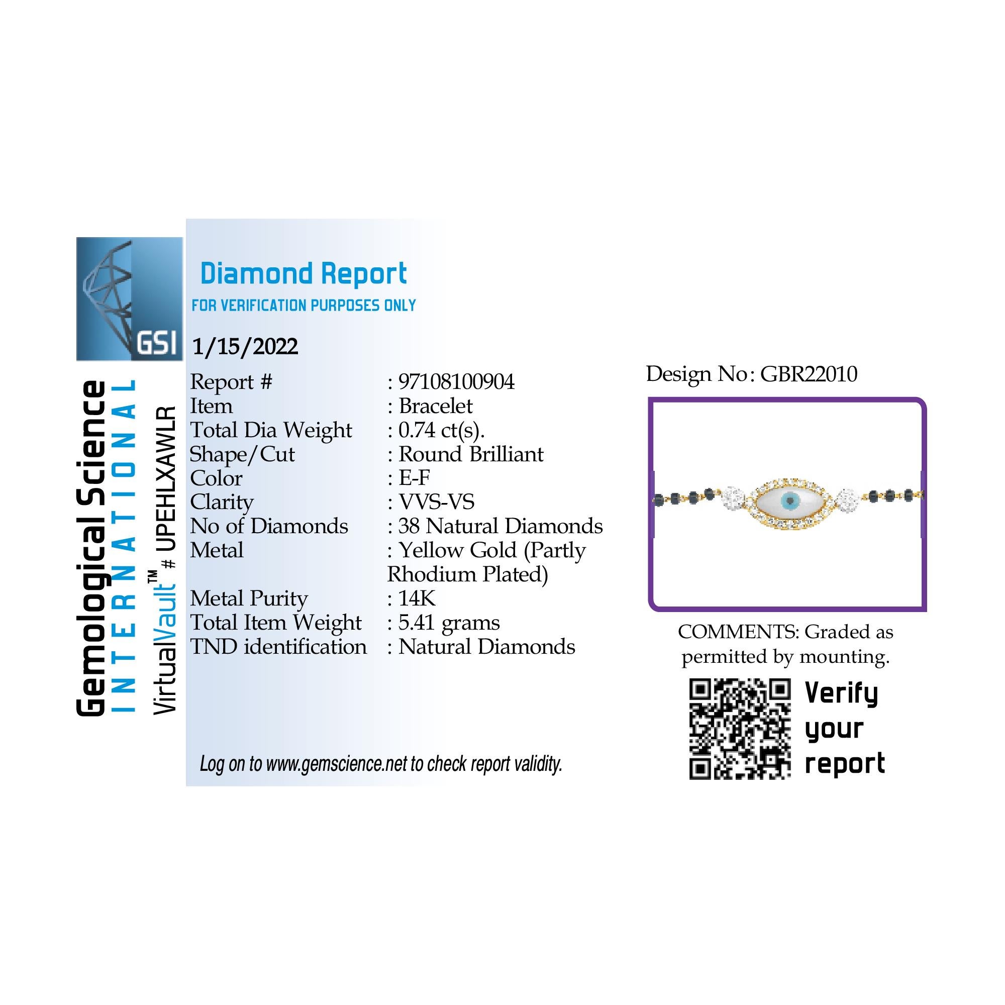 Contemporary GSI Certified 14K Gold 0.7ct Natural Diamond E-VVS Black Beads Evil-Eye Bracelet For Sale