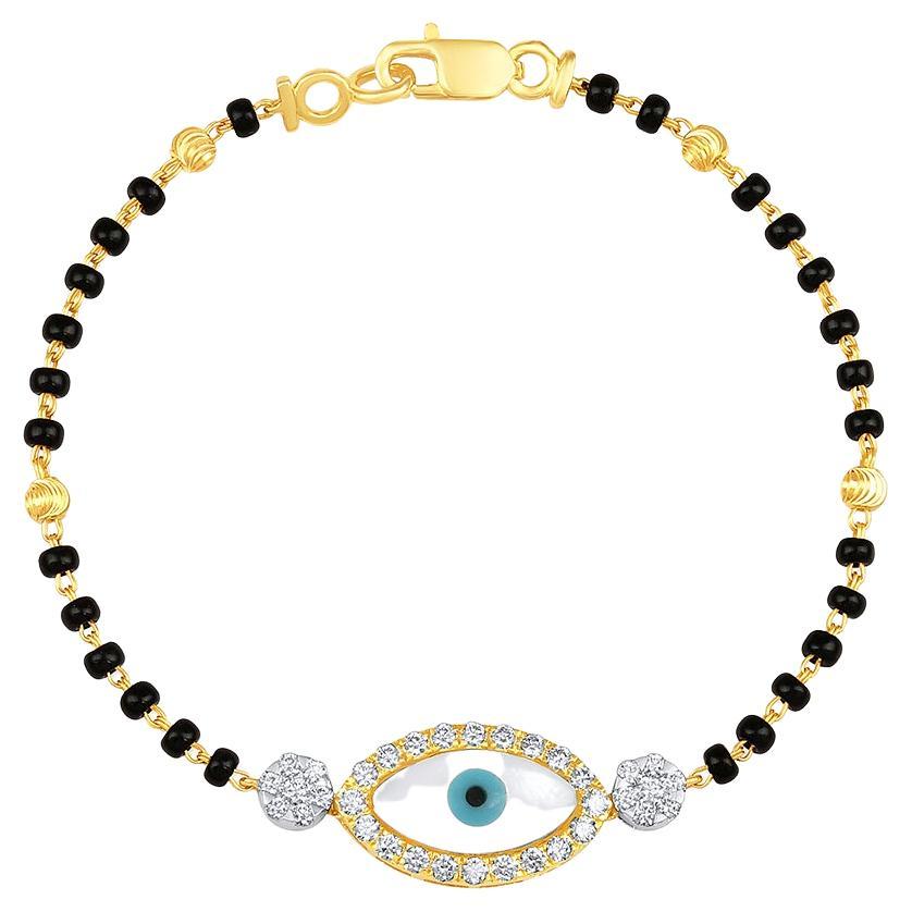 GSI Certified 14K Gold 0.7ct Natural Diamond E-VVS Black Beads Evil-Eye Bracelet For Sale