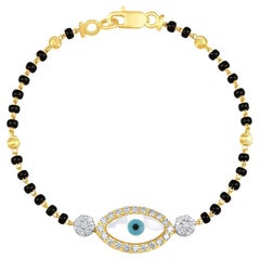 GSI-zertifiziertes Evil-Eye-Armband, 14 Karat Gold 0,7 Karat natürlicher Diamant E-VVS Schwarze Perlen
