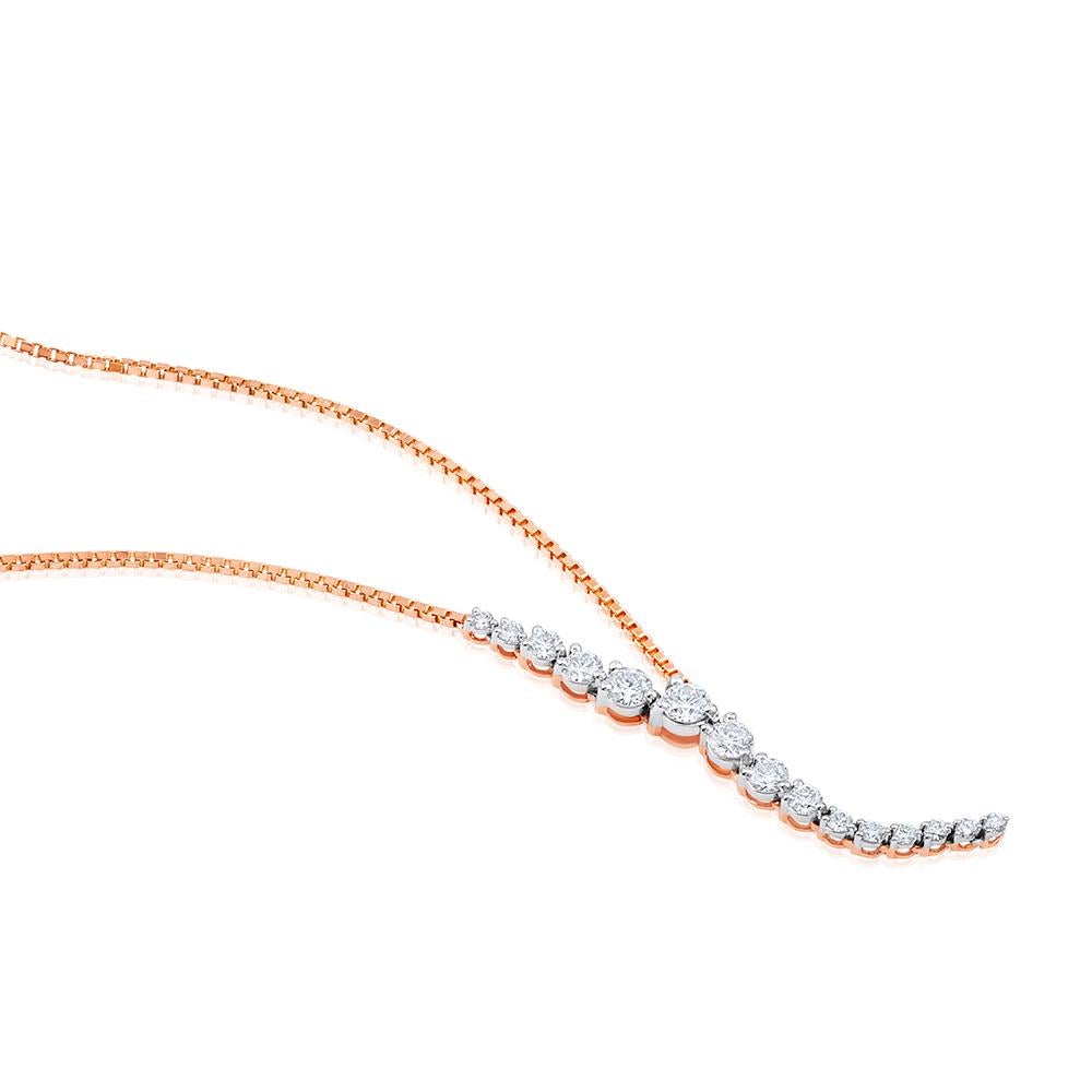 Crafted in 5.55 grams of 14-karat Rose Gold, contains 15 Stones of Round Diamonds with a total of 1.14-Carats in F-G Color and VS-SI Clarity. The necklace is 18-inch in length.

CONTEMPORARY AND TIMELESS ESSENCE: Crafted in 14-karat/18-karat with